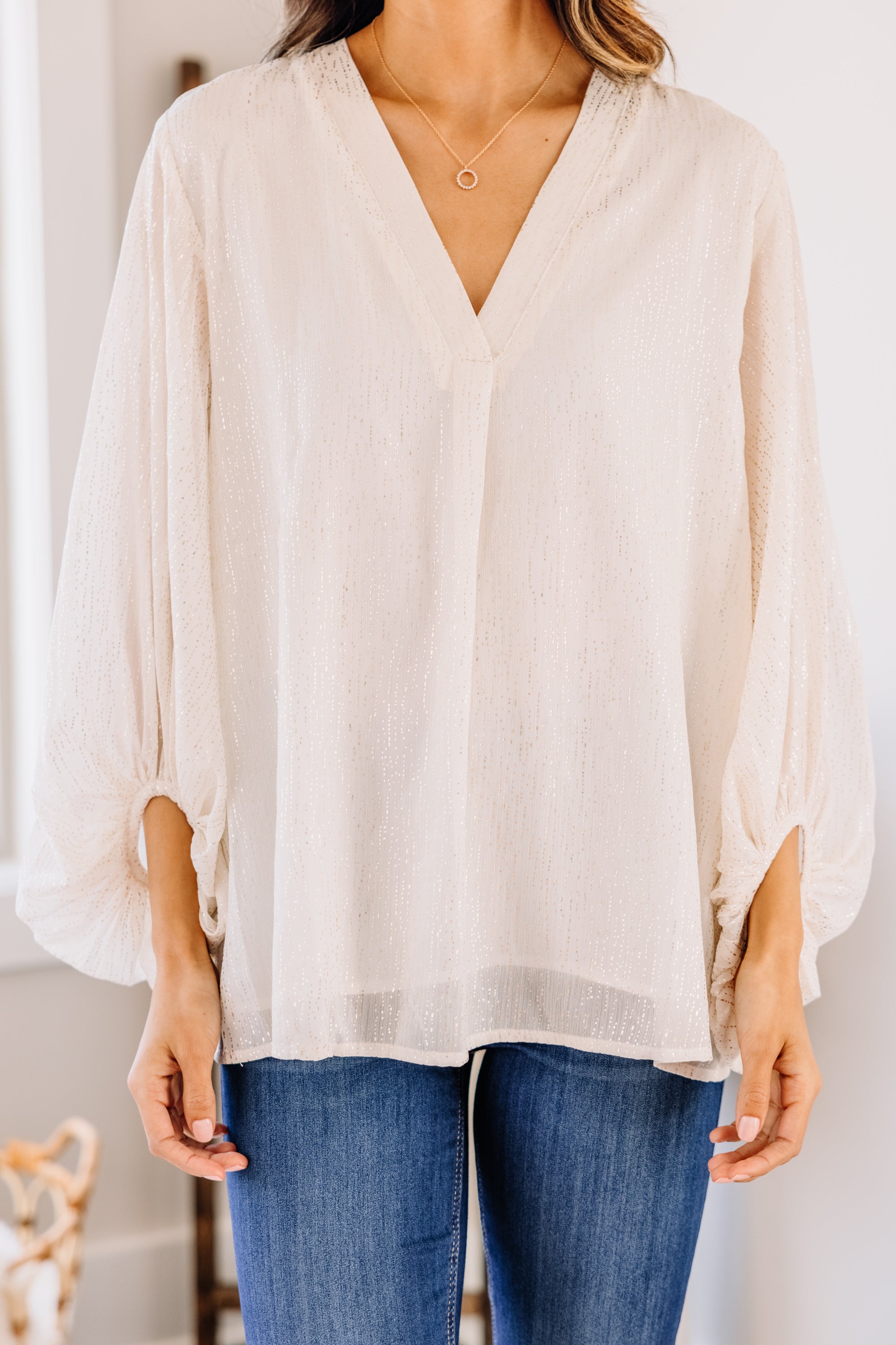 Confidently Stylish Ivory White Bubble Sleeve Blouse