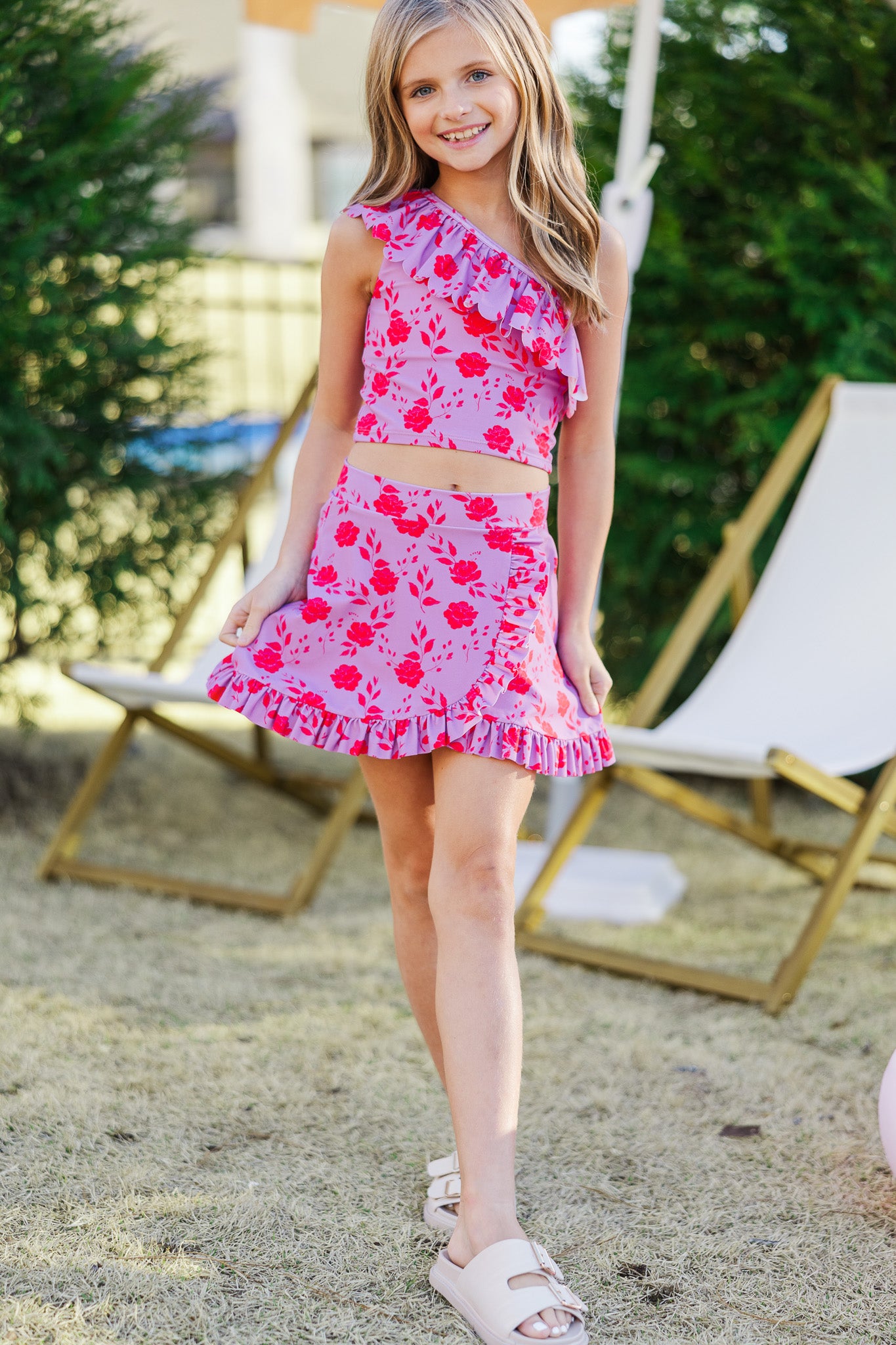 GIRLS: PREORDER! Felicity Magenta Floral Ruffled Swim Skirt - Dive into Style!