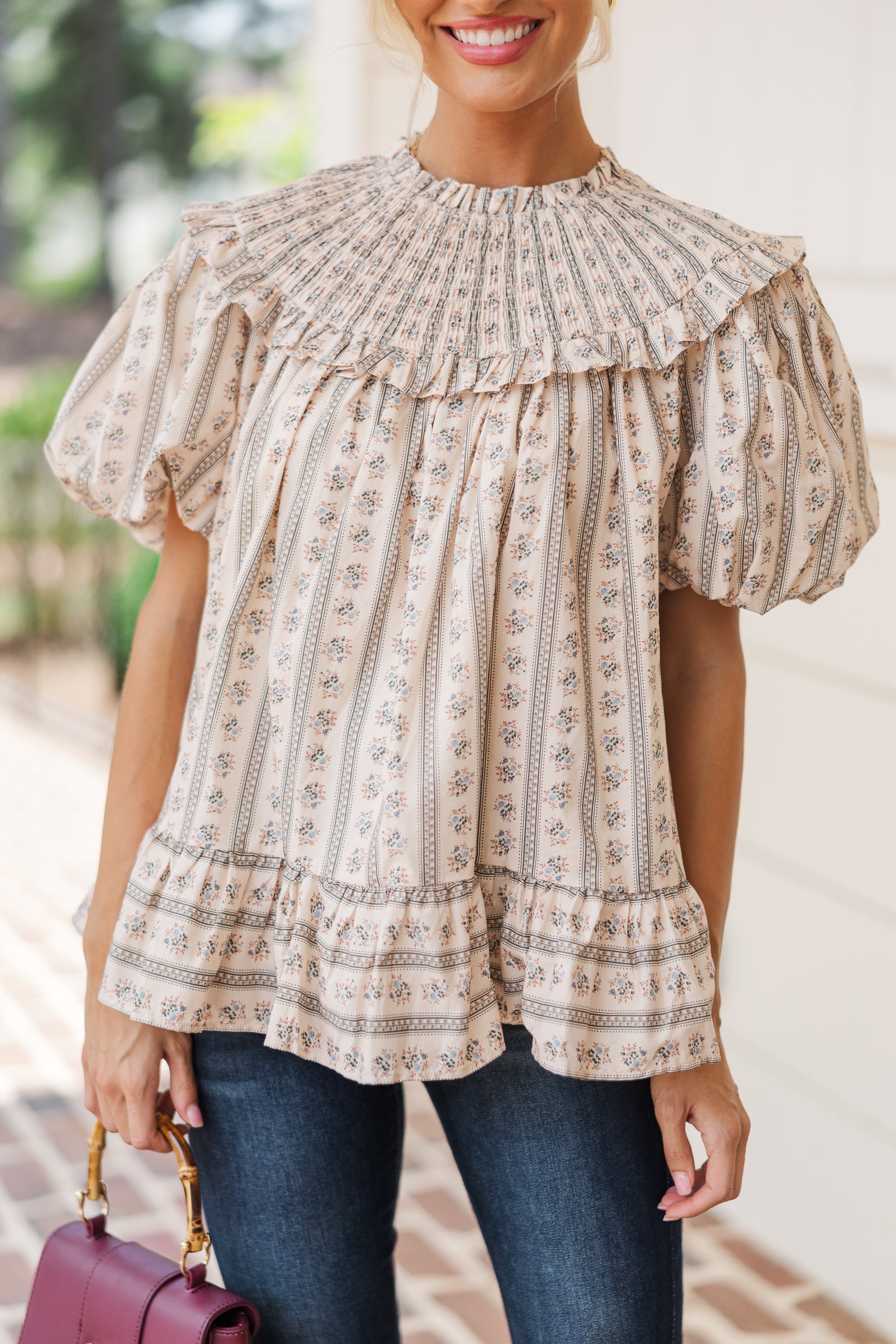 Aureum: Unforgettable Ivory Ditsy Floral Babydoll Blouse