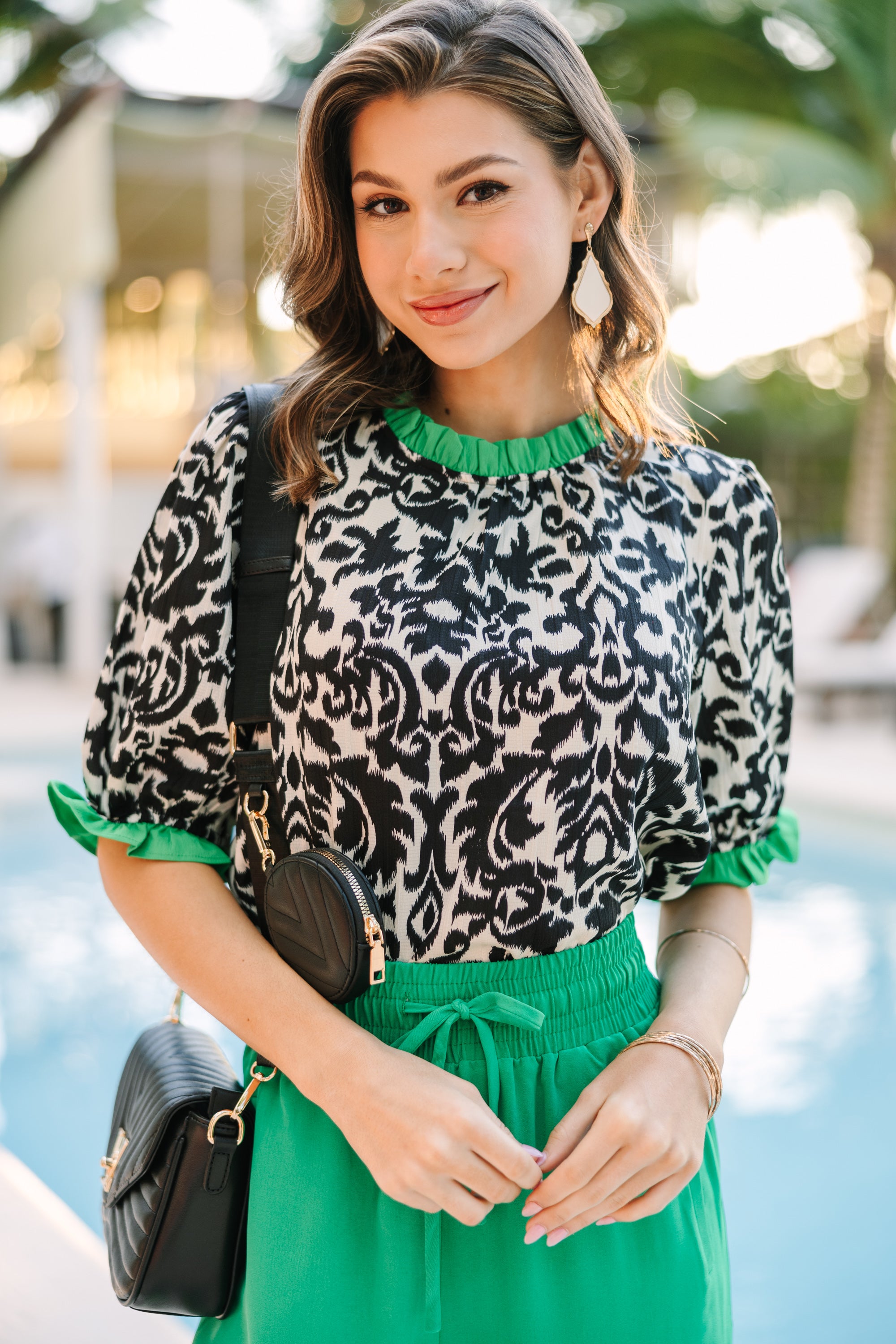 Alluring All-In Black & Kelly Green Damask Ruffled Blouse