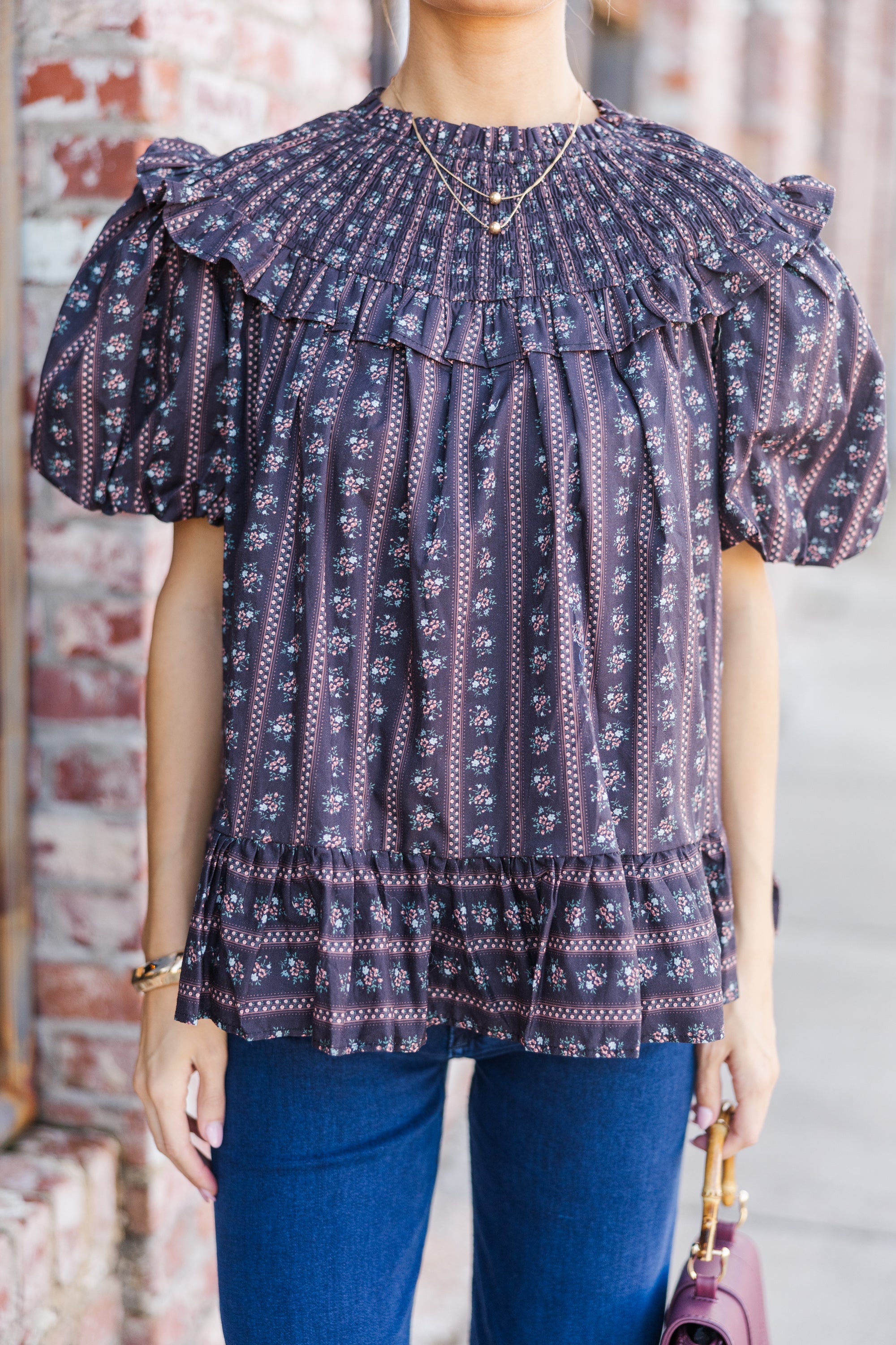 Aureum: Unforgettable Black Ditsy Floral Babydoll Blouse