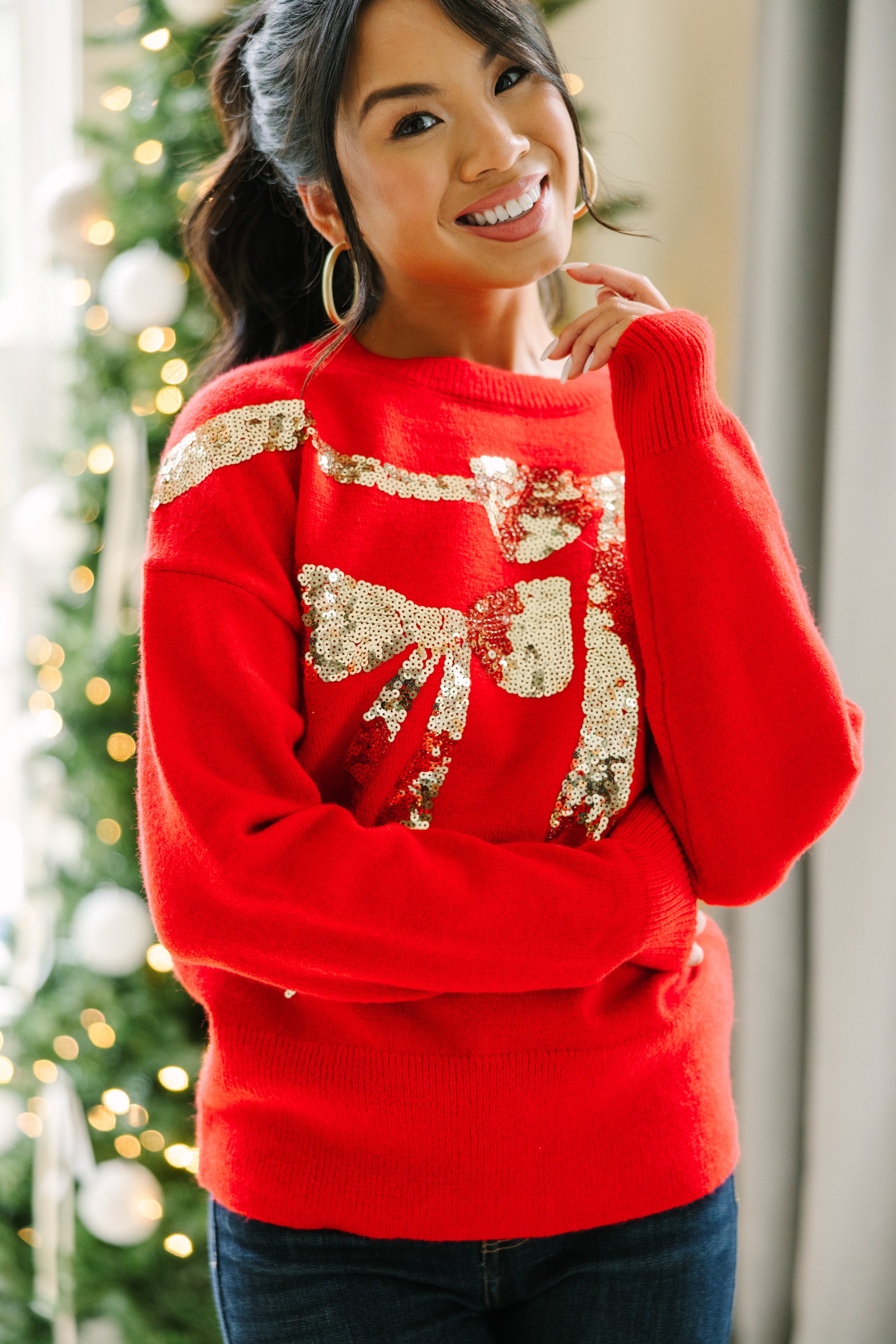Glamorous Red Sequin Bow Sweater - Feel Like a Holiday Star!