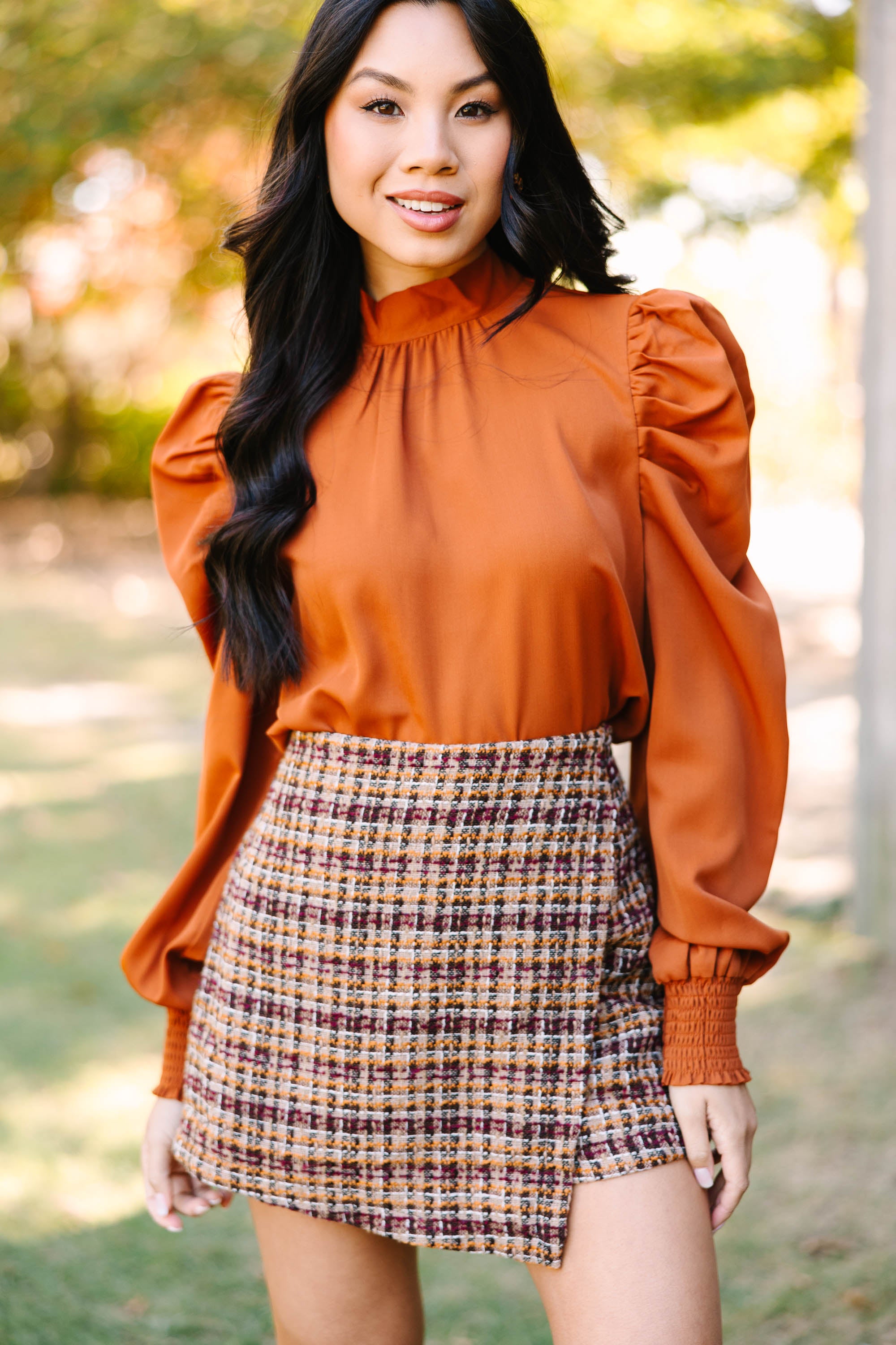 Be a Fashion Icon with Rust Orange Puff Sleeve Blouse
