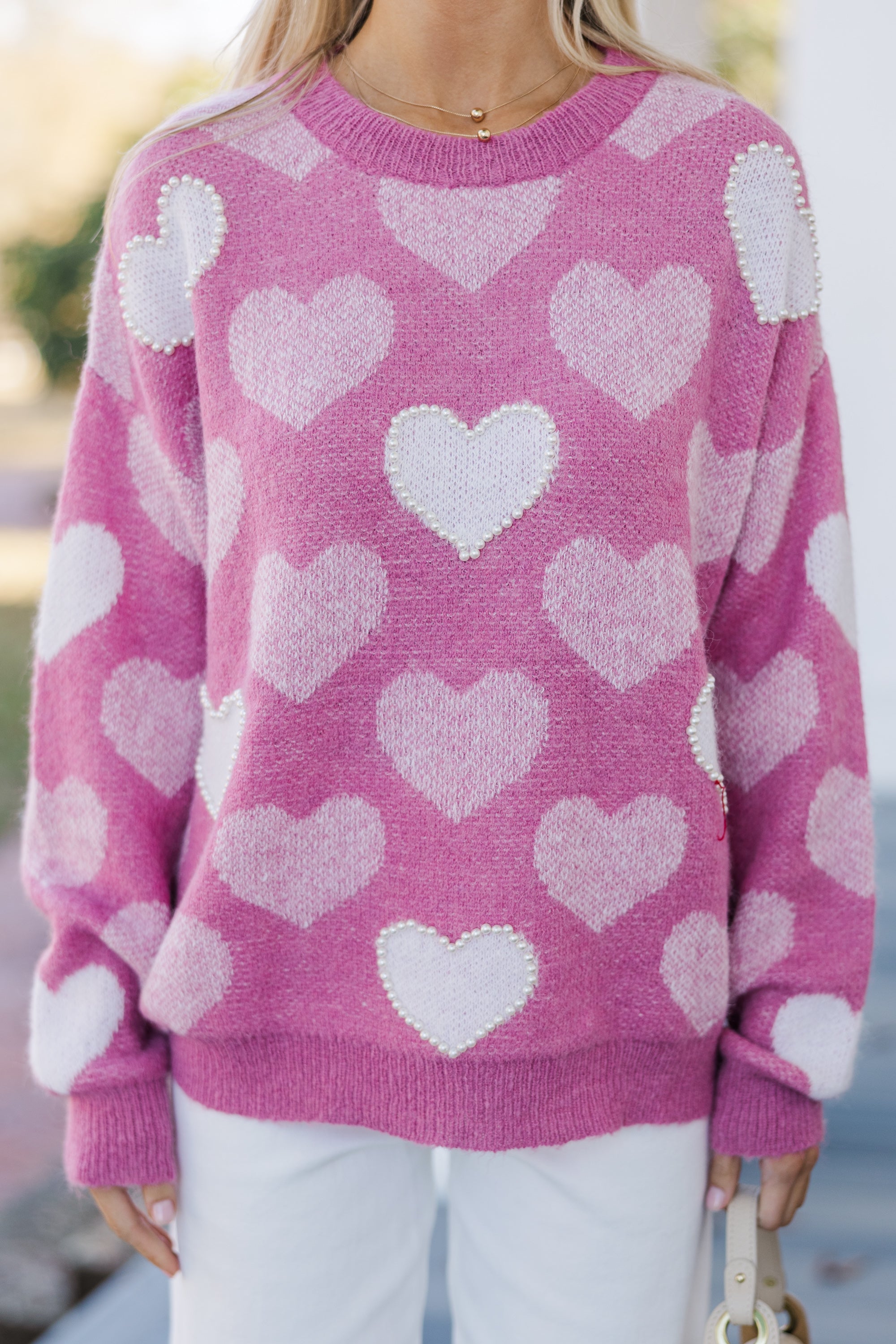 Love - Filled Pink Heart Pearl - Adorned Sweater