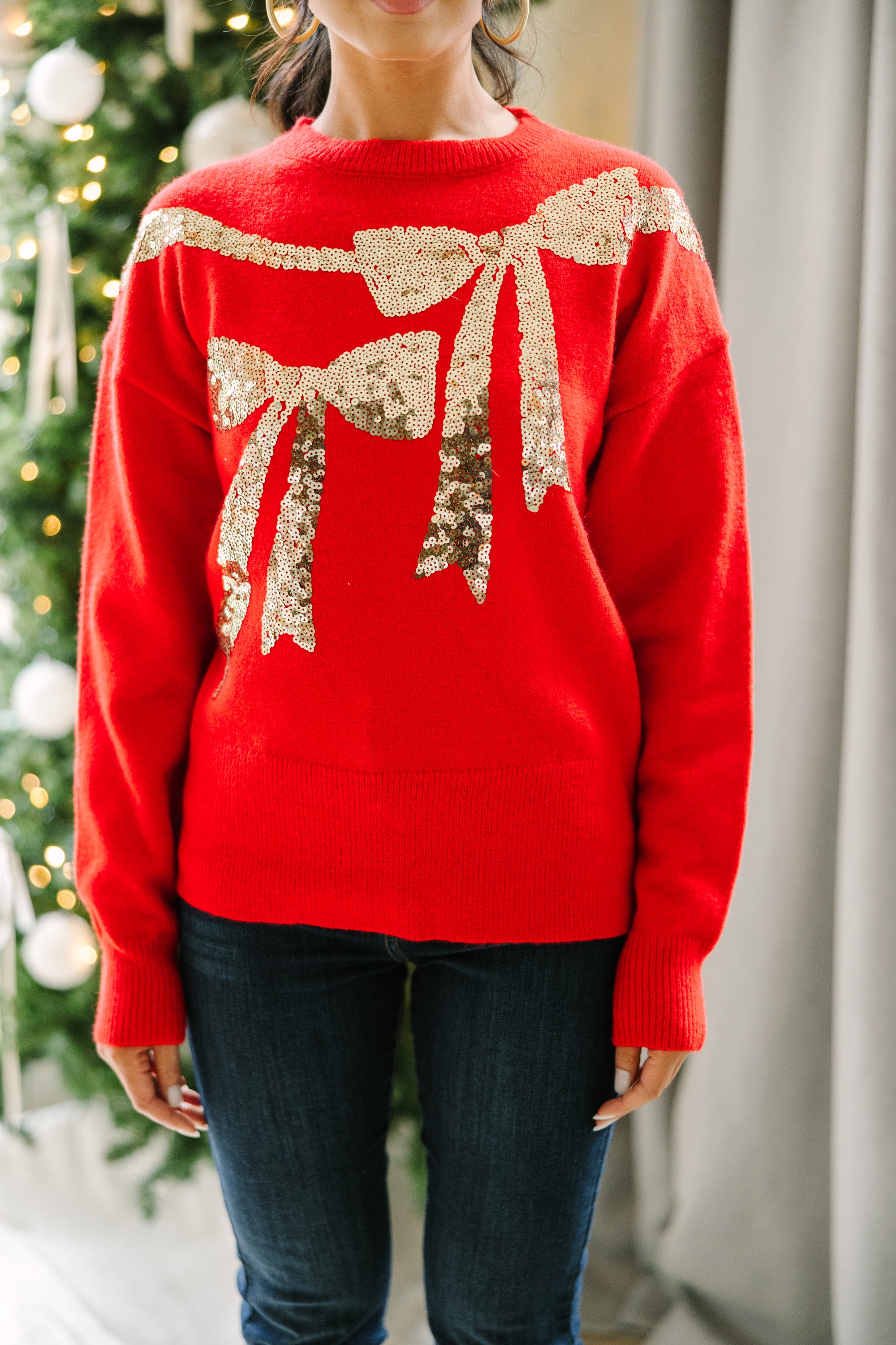Glamorous Red Sequin Bow Sweater - Feel Like a Holiday Star!