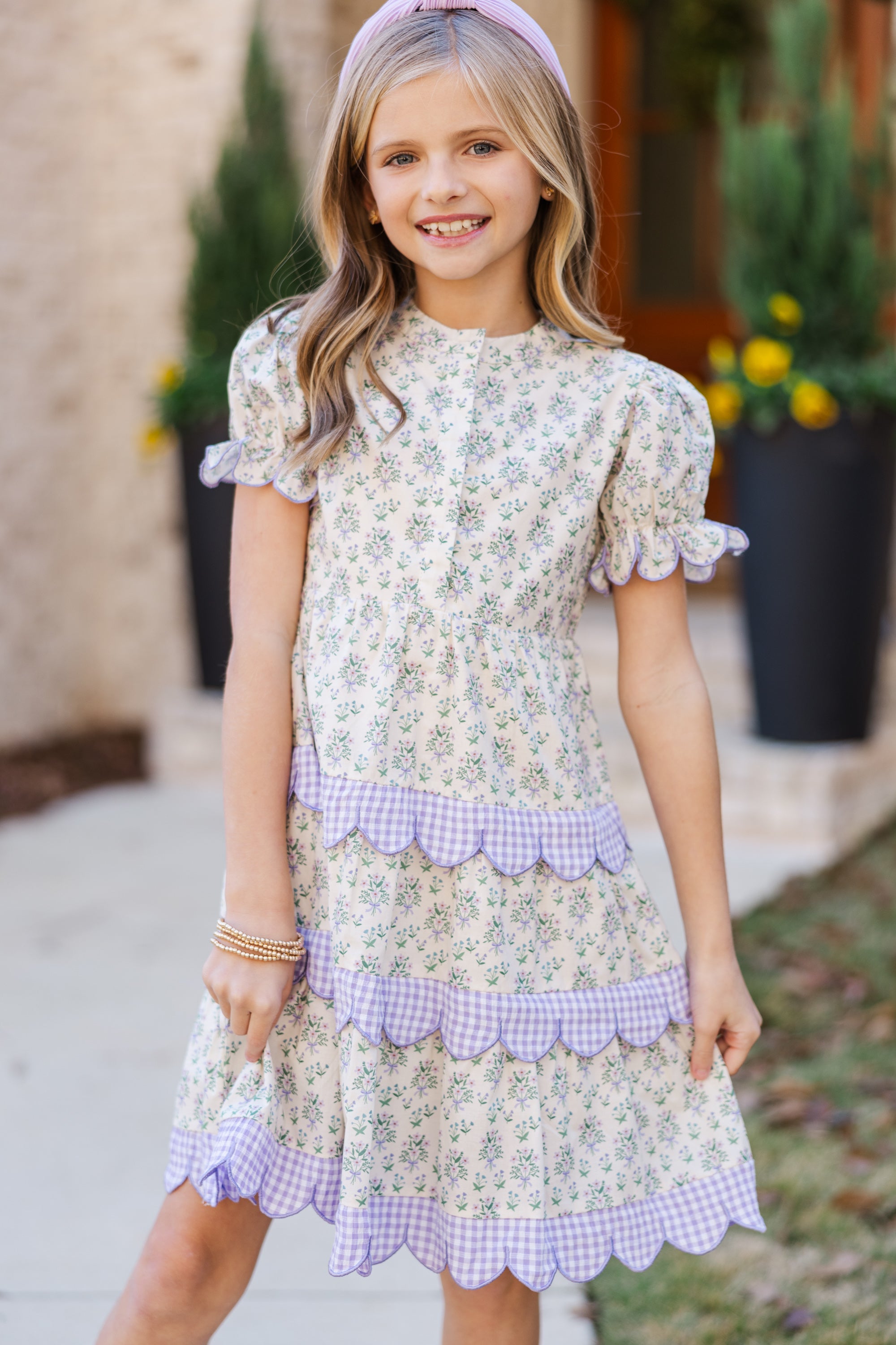Girls' Dreamy Cream Floral S/S Midi Dress - Stand Out in Style!