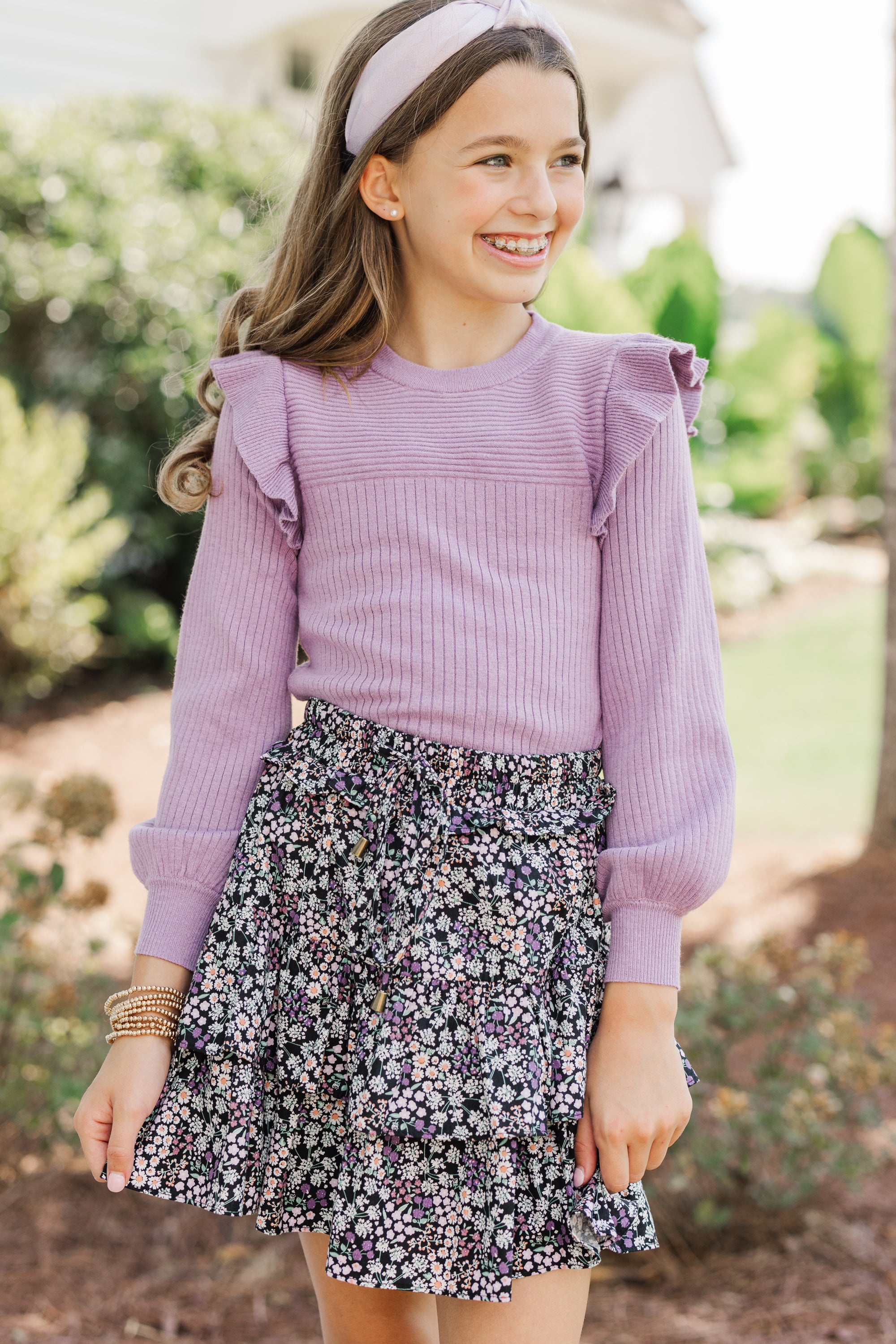 Girls' Dusty Purple Ruffled Reach-Out Sweater