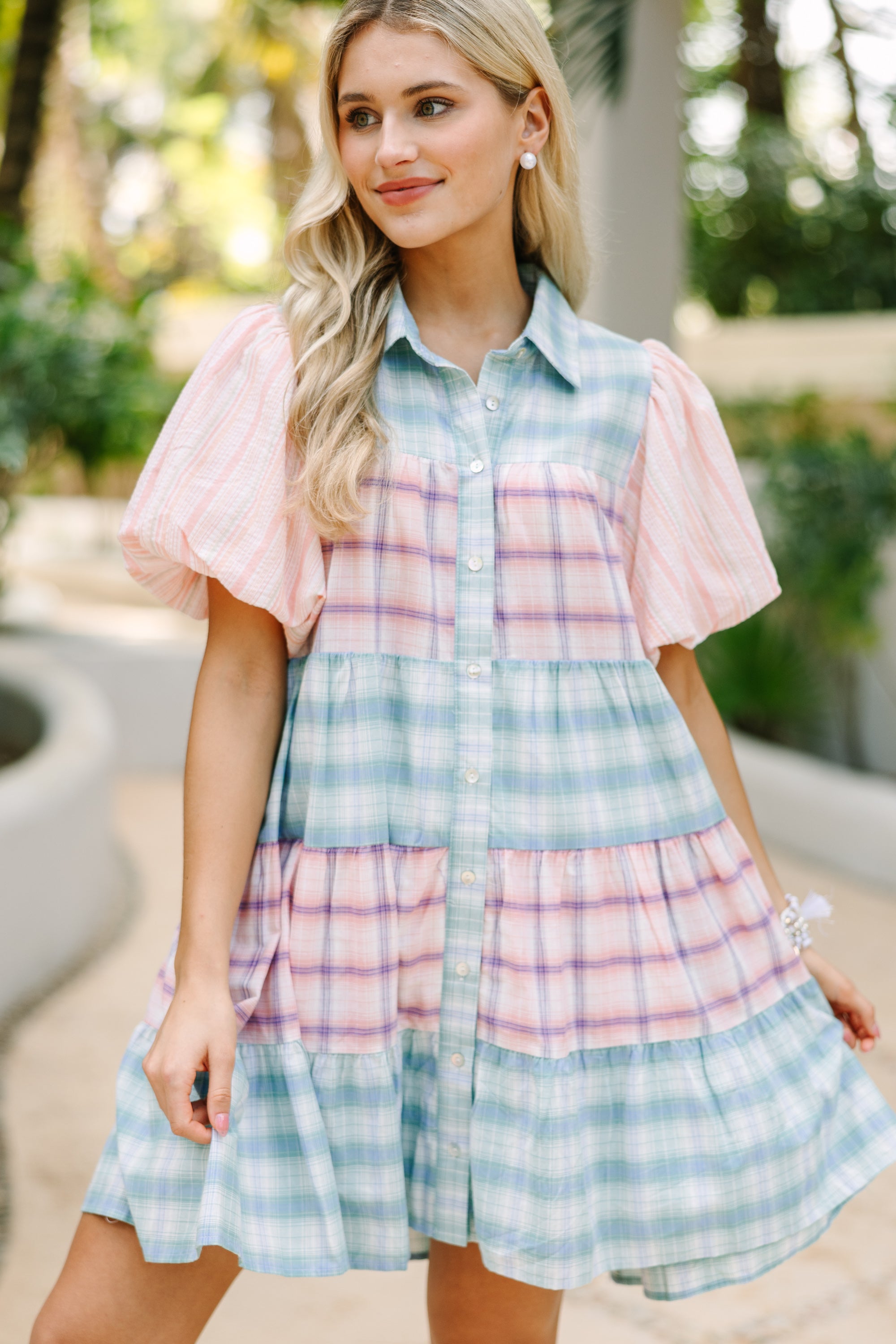 Enchanting Blue & Pink Plaid Babydoll Dress - Your Happy Place!