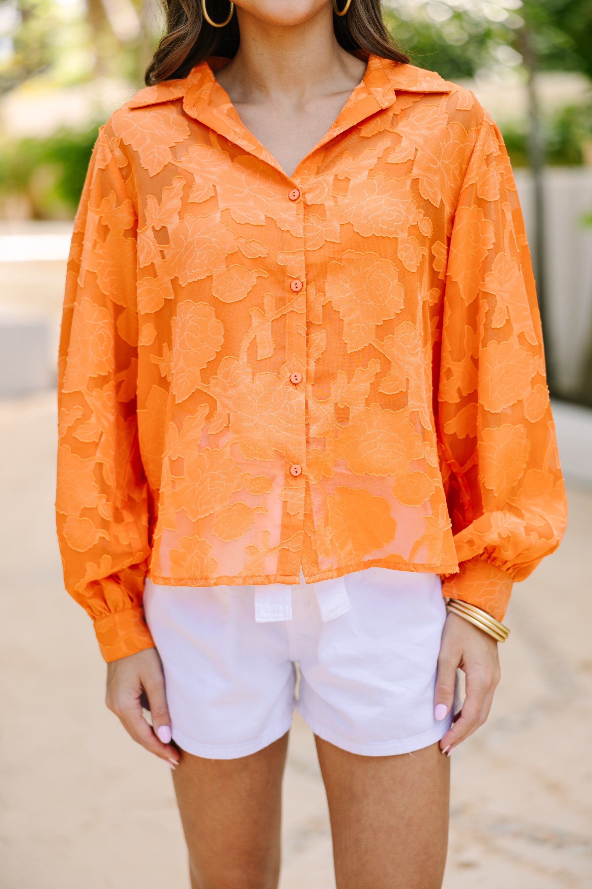 Gorgeous Orange Textured Blouse: All Details Matter