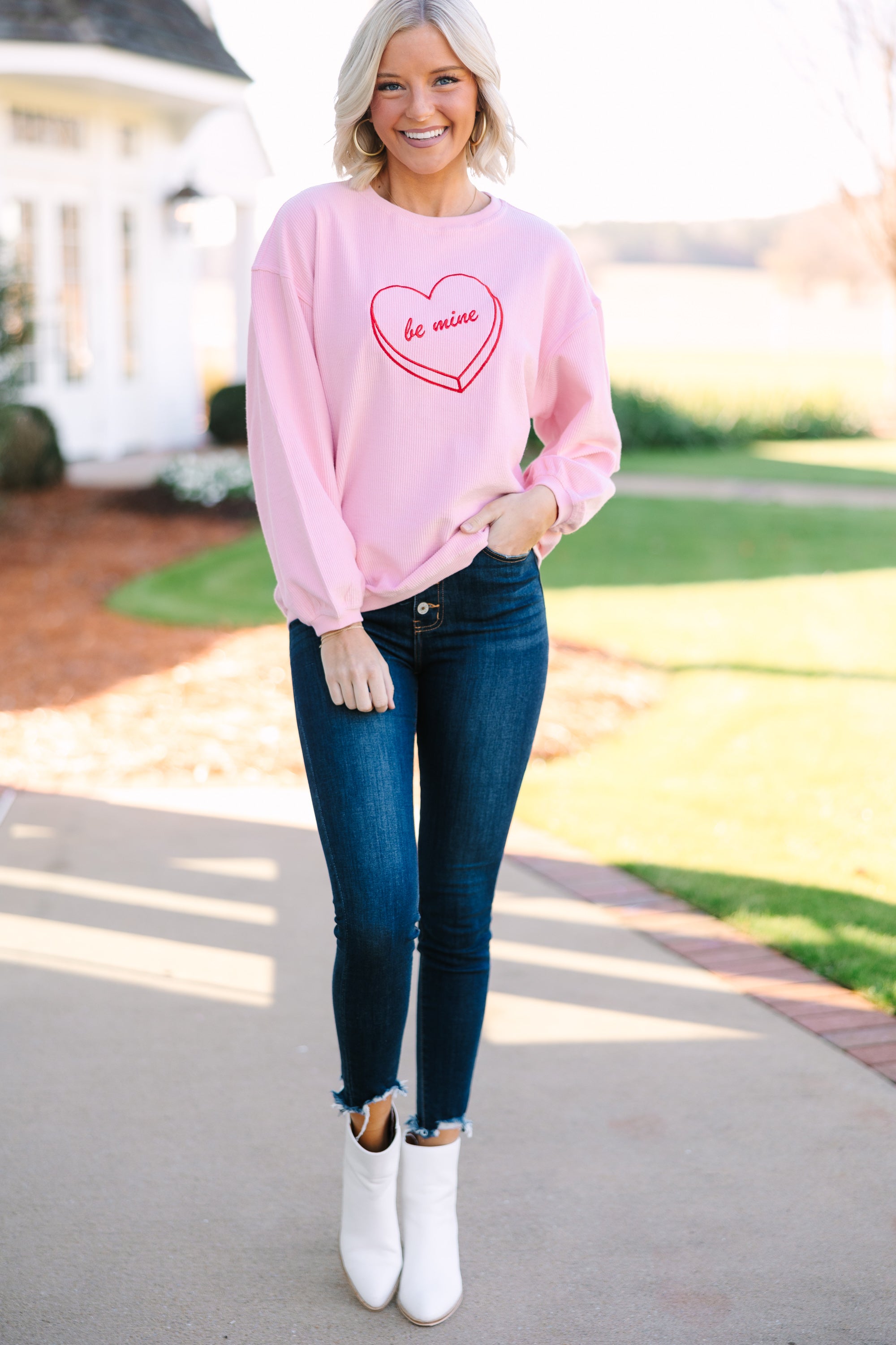 Adorable Be Mine Blush Pink Embroidered Sweatshirt - Grab Yours Now!