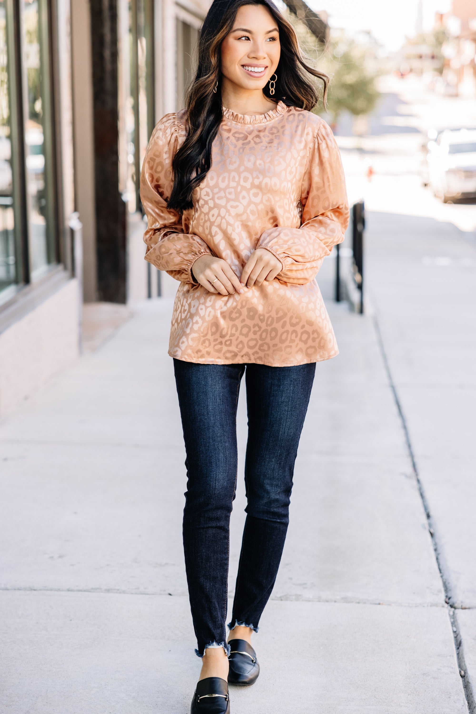 Joyful Mocha Brown Satin Leopard Print Blouse