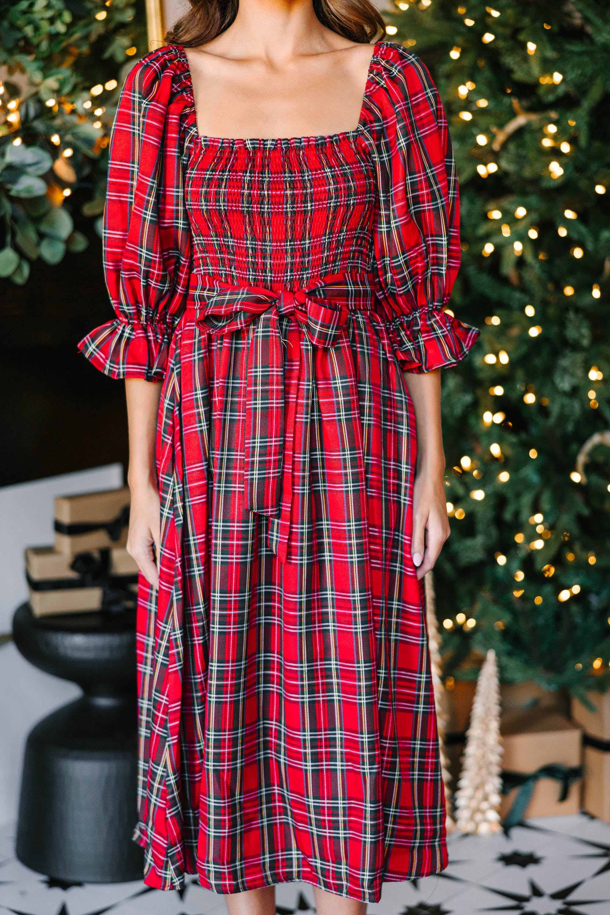 Irresistible Red Tartan Plaid Midi Dress for the Holidays