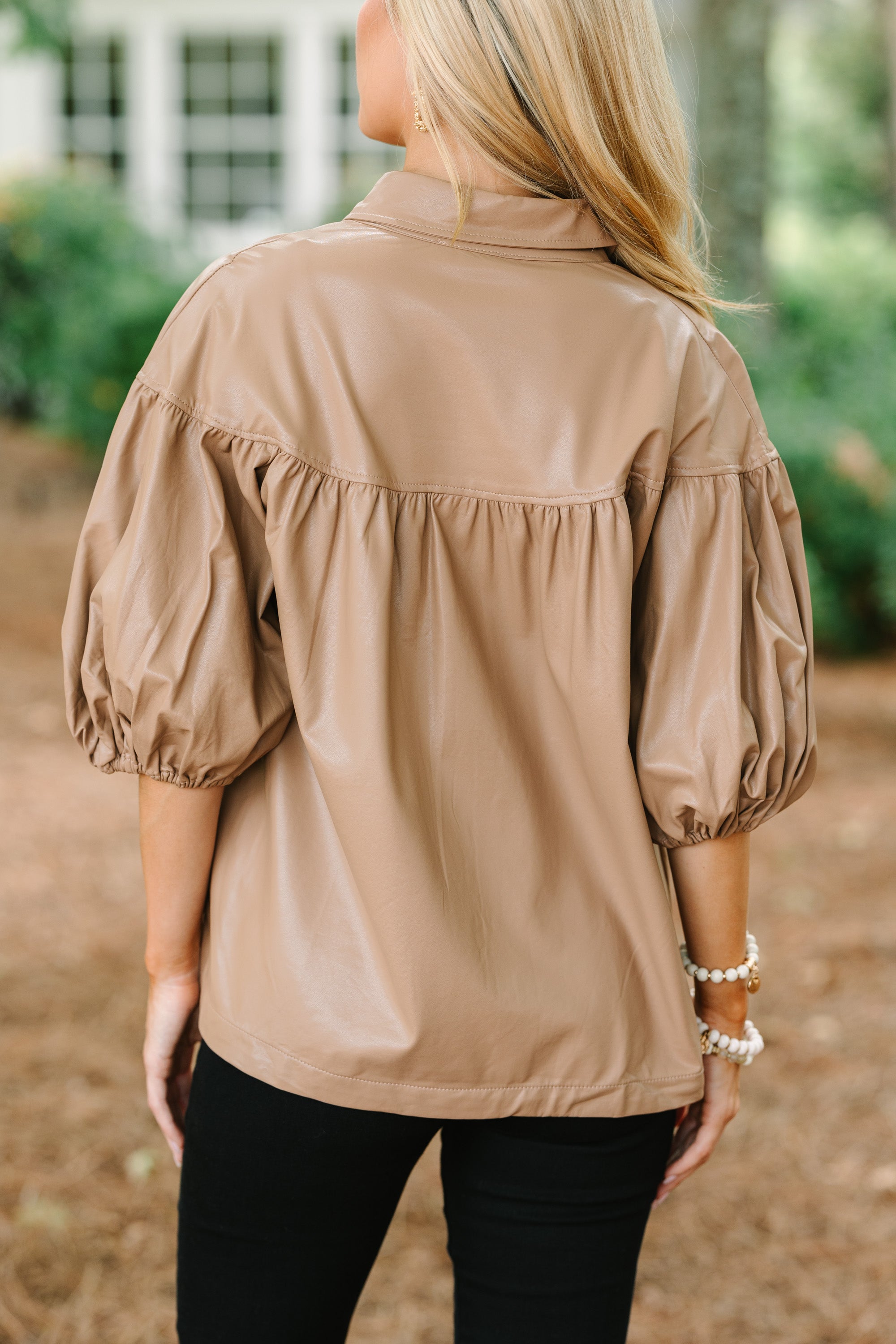 Stunning Camel Brown Faux Leather Blouse - Be Bold!