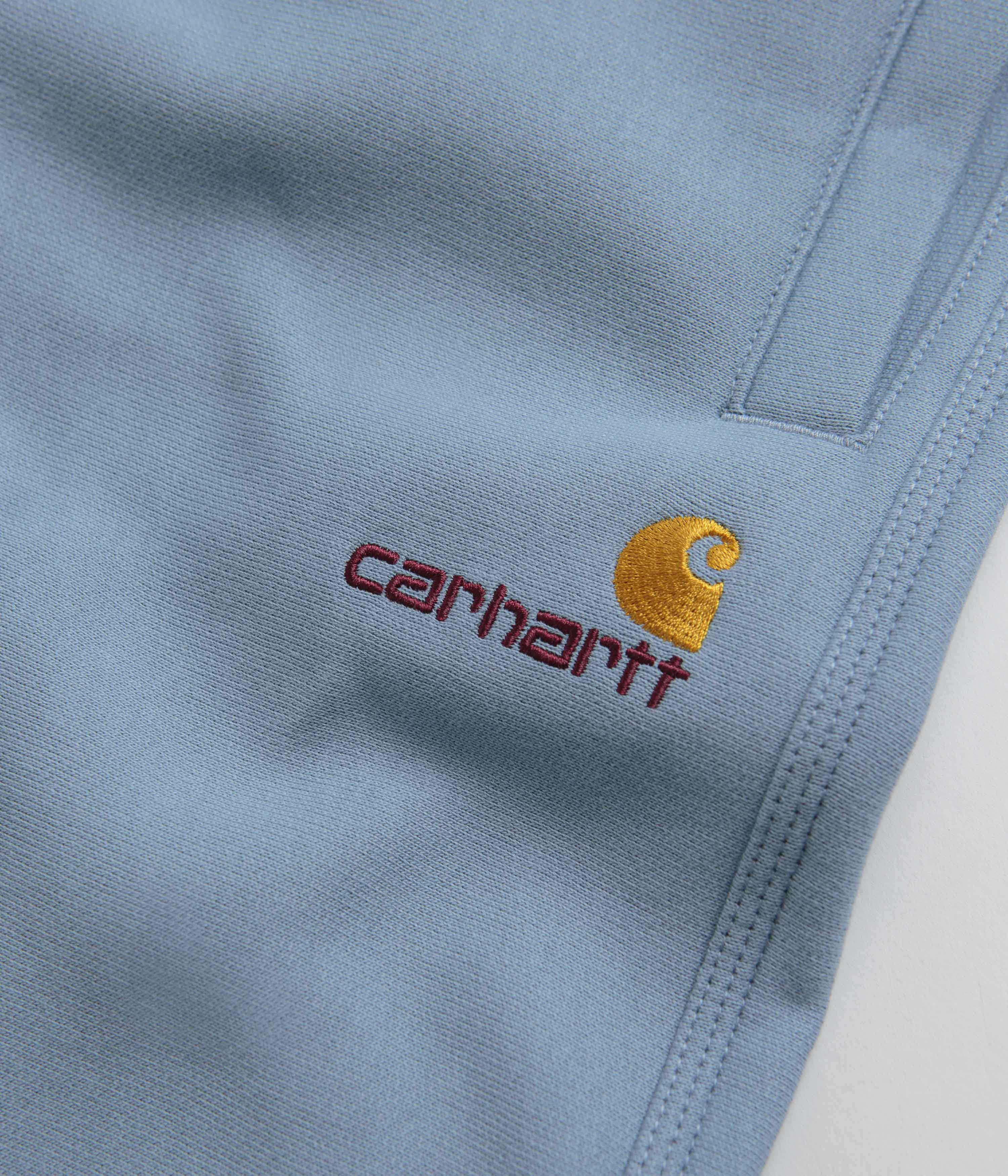Carhartt Frosted Blue American Script Sweat Shorts - A Must-Have!