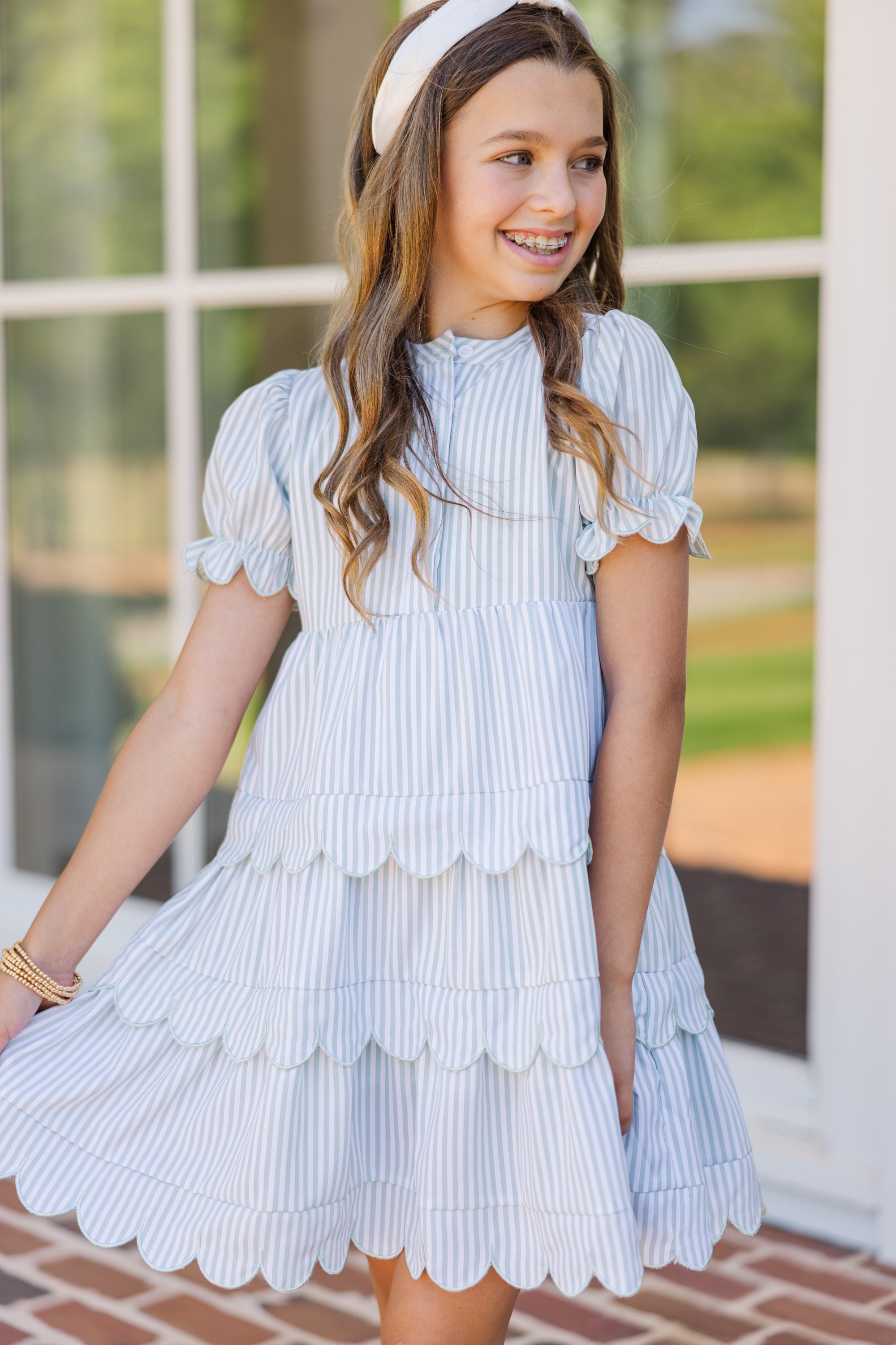 Girls' Irresistible Olive Green Striped Dress