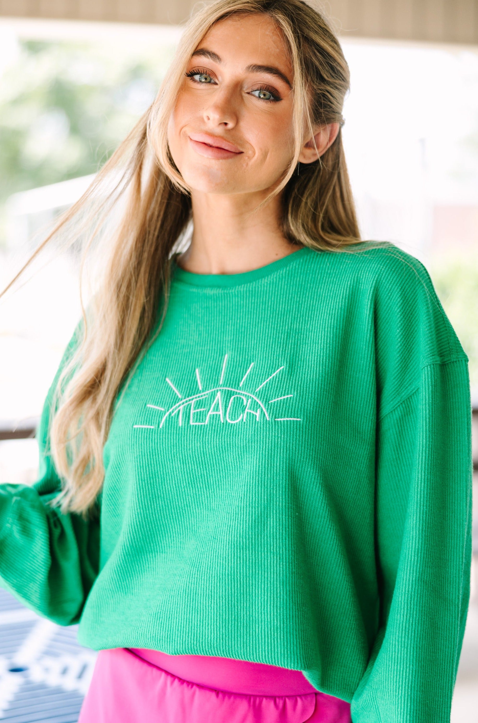 Illuminate with Style: Be The Light Green Embroidered Corded Sweatshirt