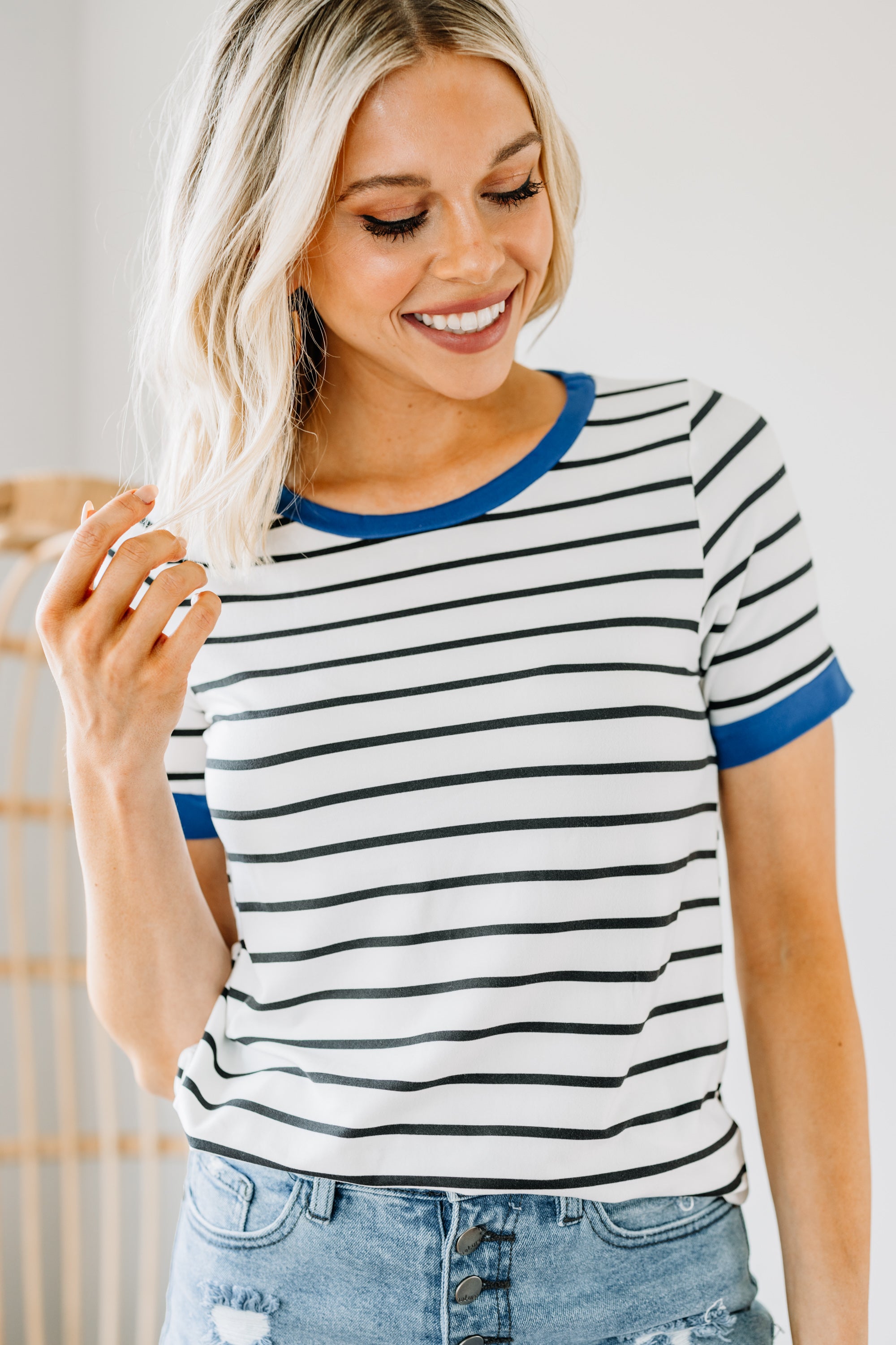 Gorgeous Royal Blue Trim Striped Top - A Spring/Summer Must-Have!