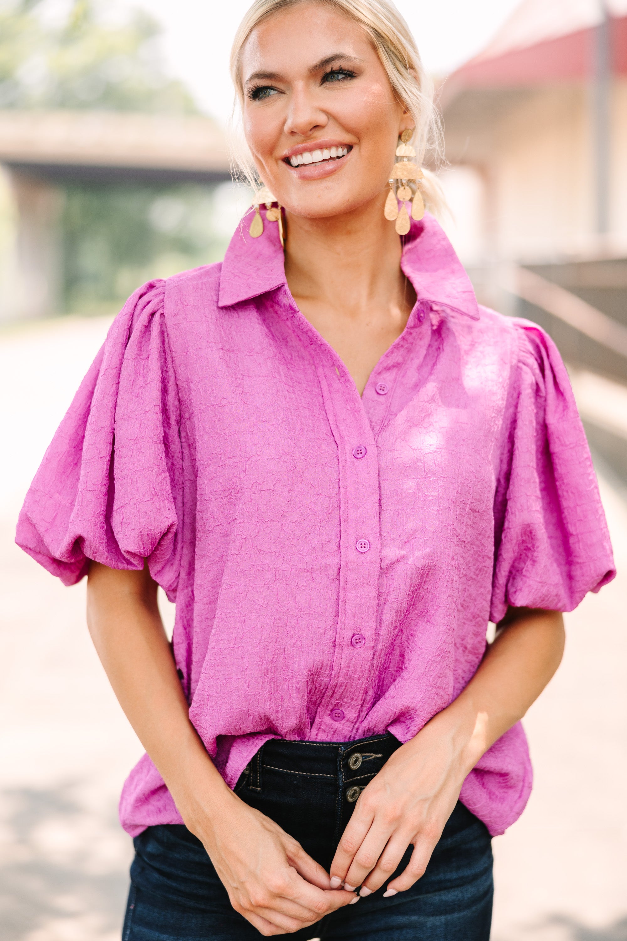 Chic Purple Textured 'Happy You're Here' Orchid Blouse