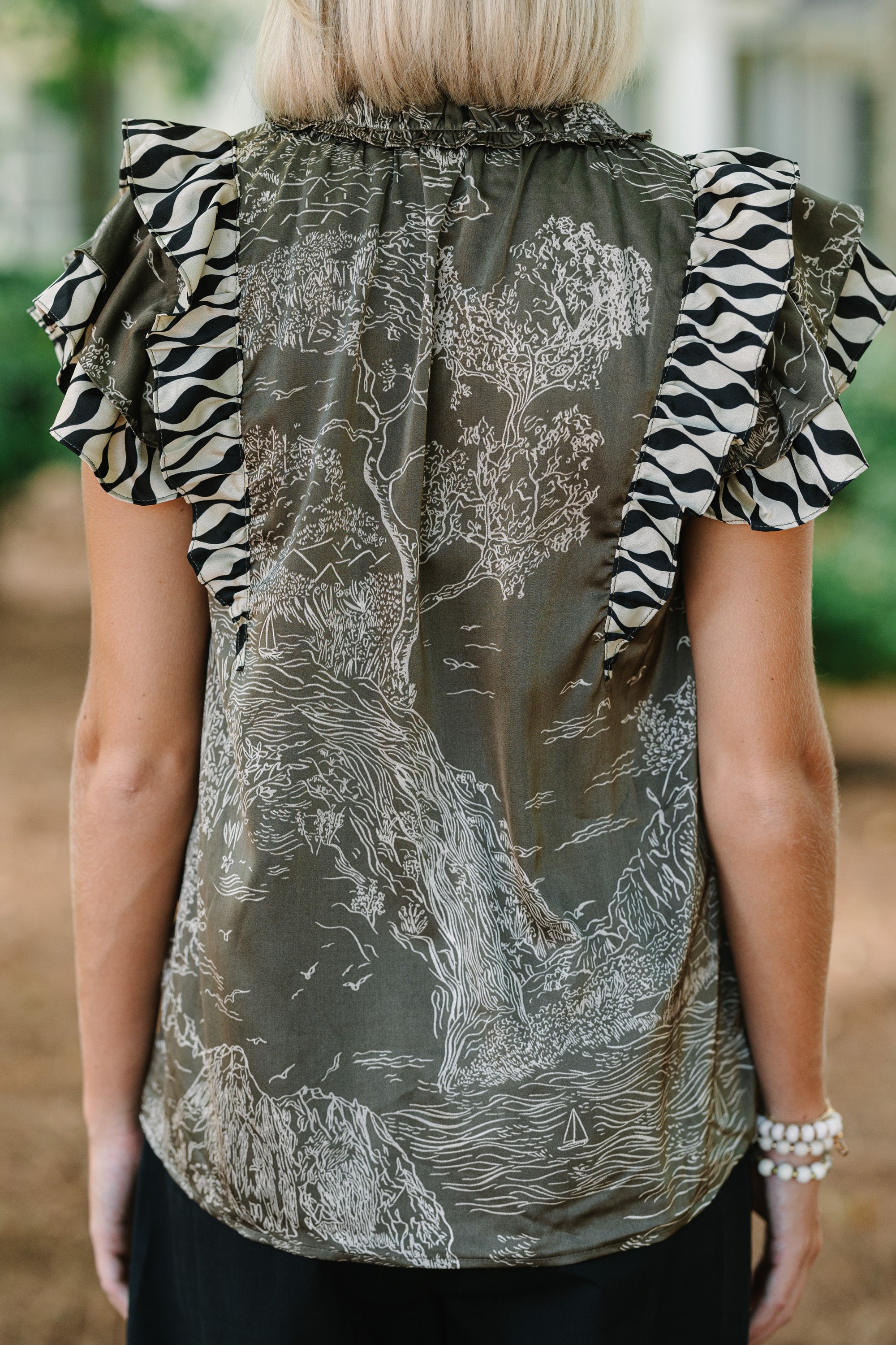 Alluring All On You Olive Green Antique Print Satin Blouse
