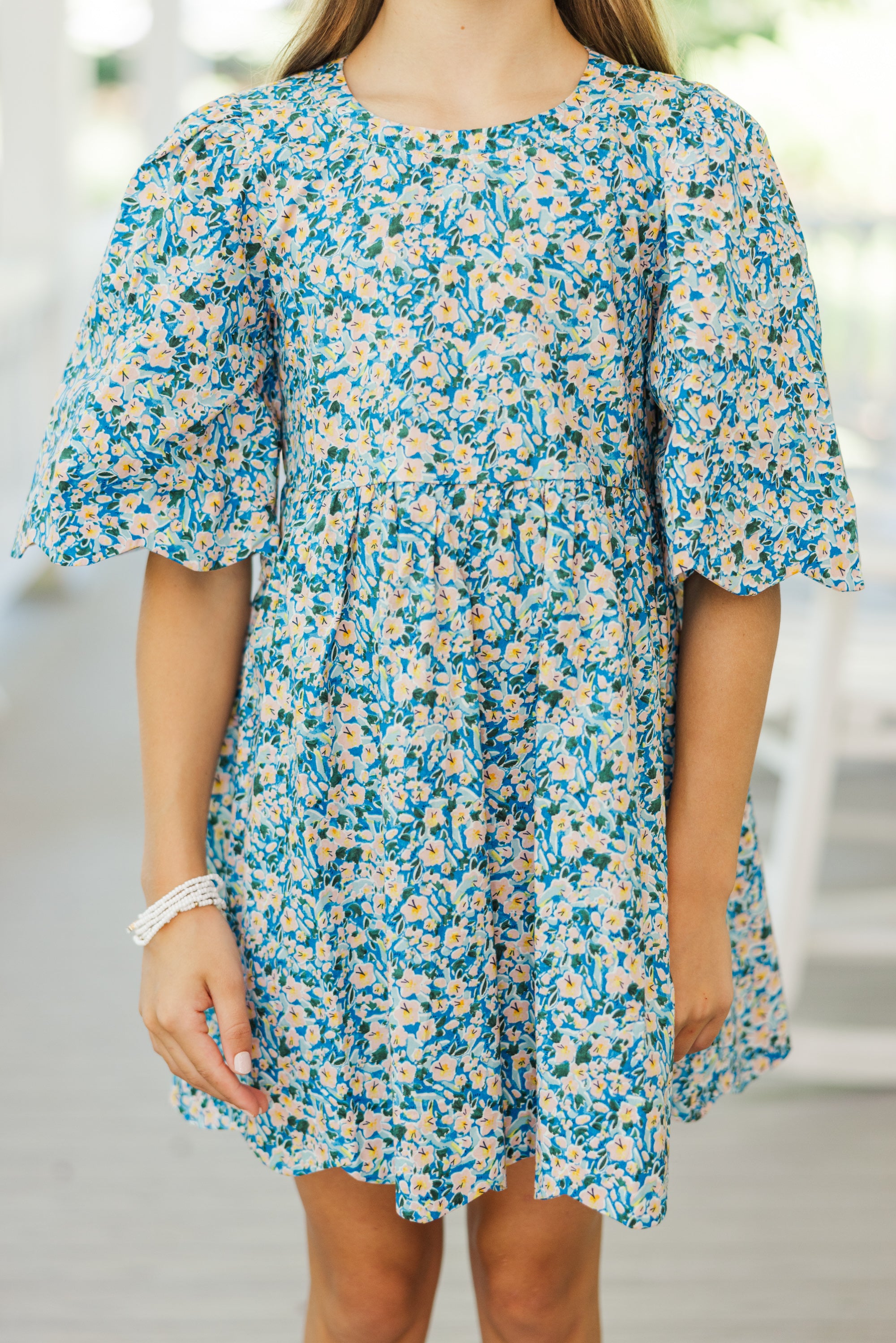 Adorable Girls' Blue Ditsy Floral Scalloped Dress - Right On Time for Special Occasions