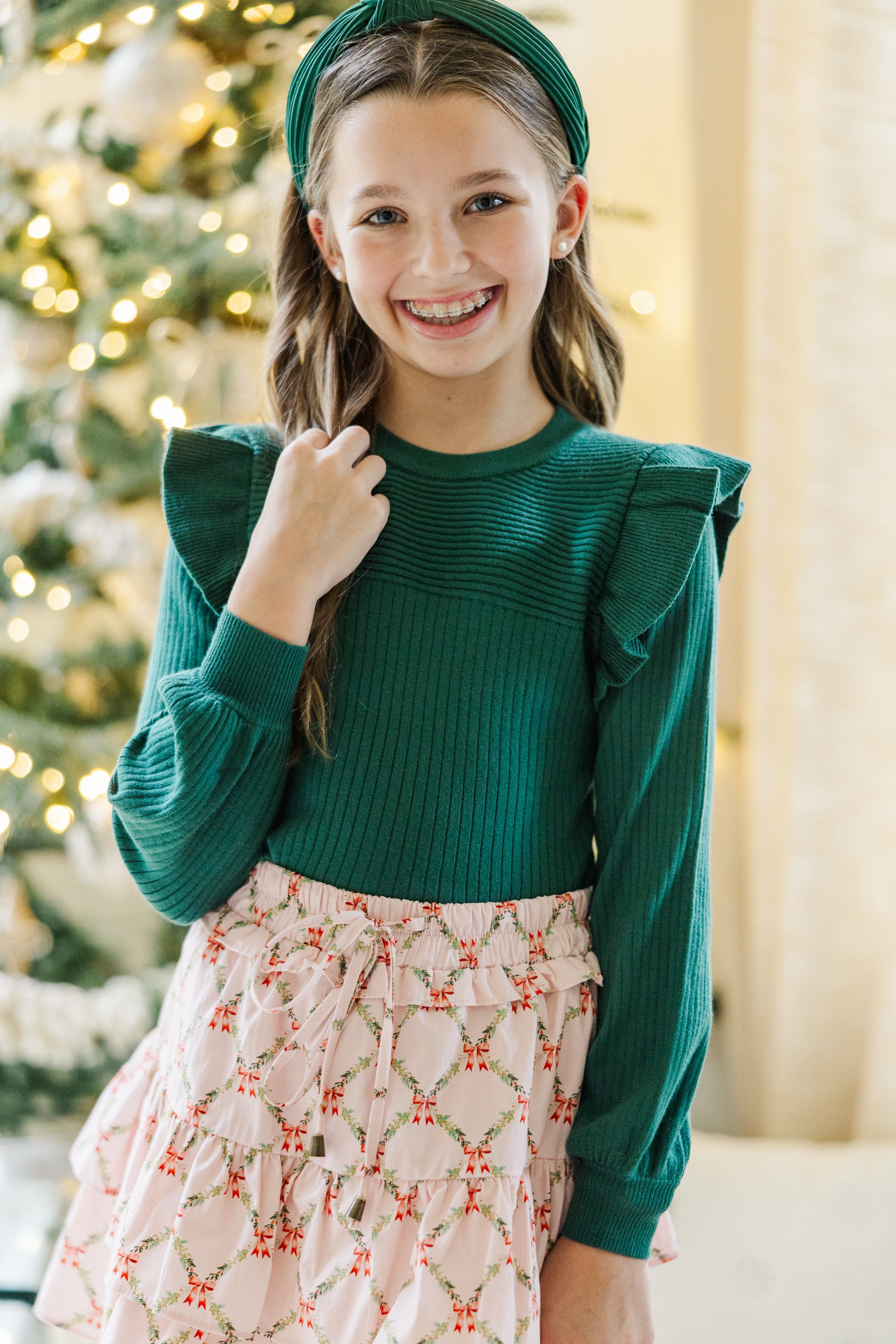 Girls' Stunning Emerald Green Ruffled Sweater - Reach Out Now!