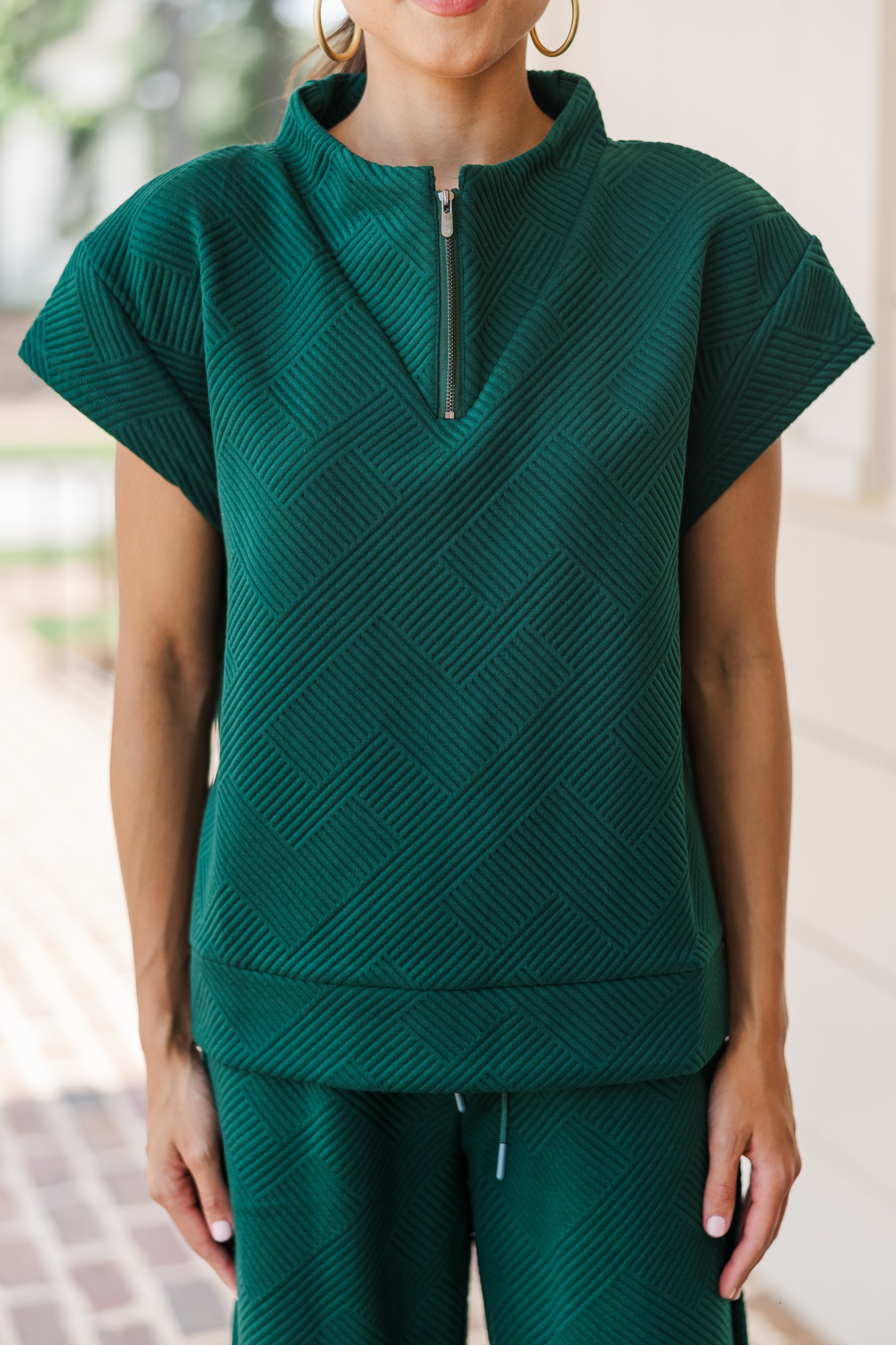 Love-Filled Forest Green Textured Athleisure Top