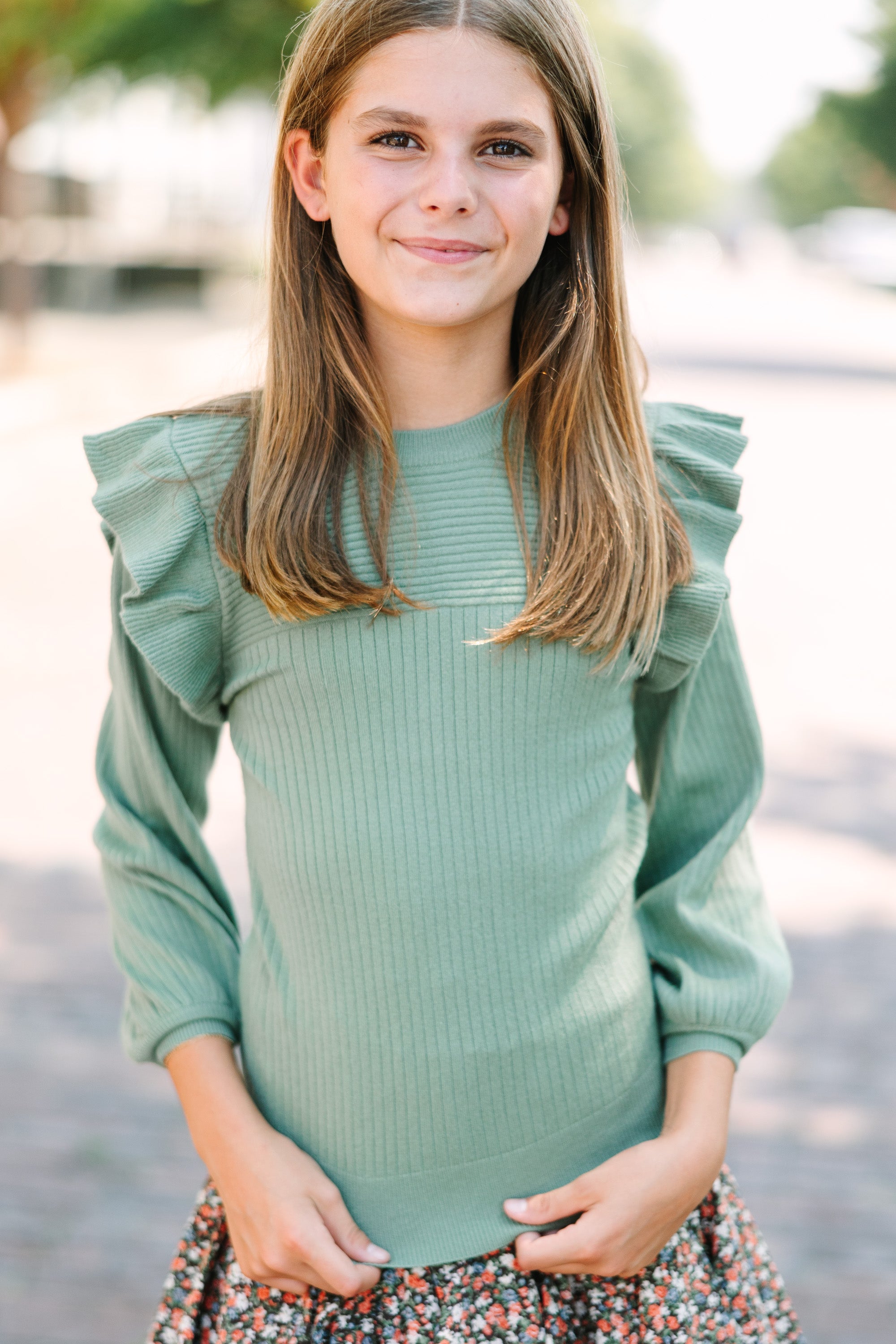 Girls' Irresistible Light Olive Green Ruffled Sweater