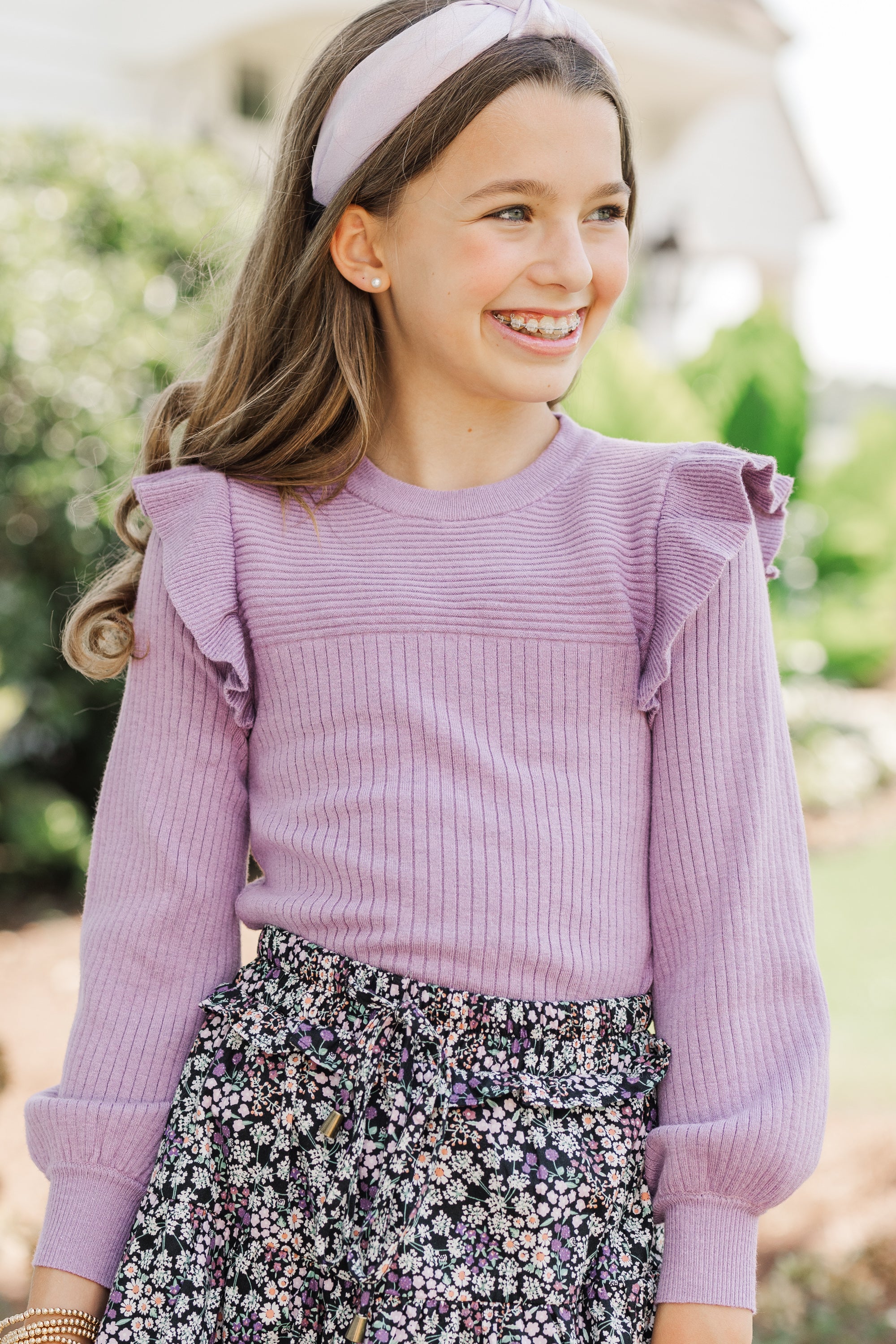 Girls' Dusty Purple Ruffled Reach-Out Sweater
