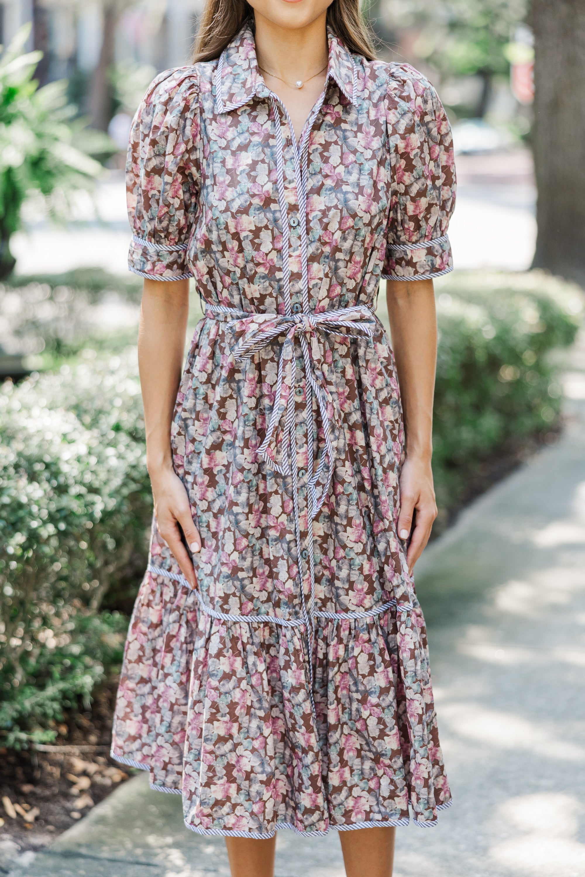 Fall in Love with the Be With Me Brown Ditsy Floral Midi Dress