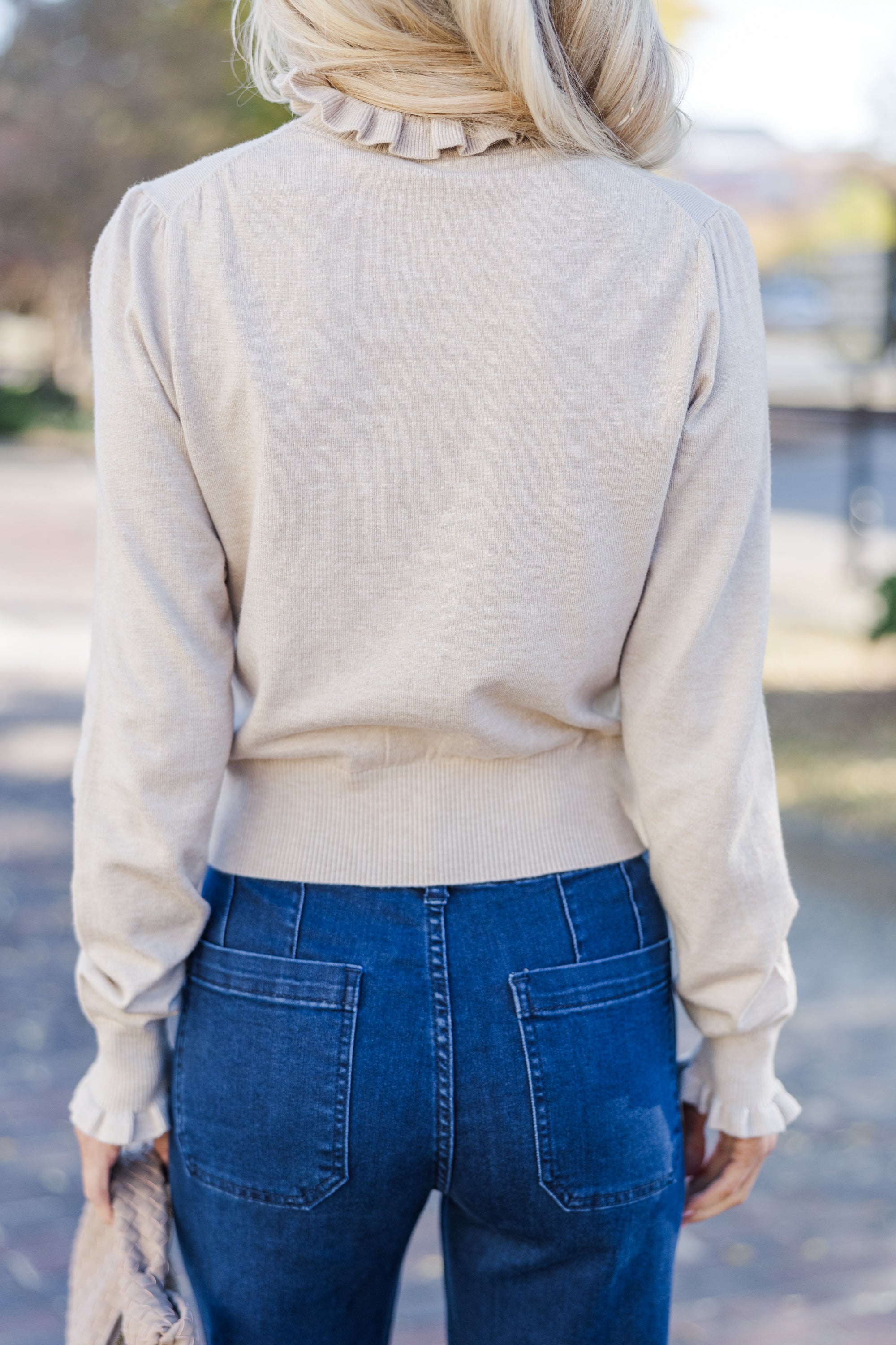Enchanting Oatmeal Ruffled Return Sweater