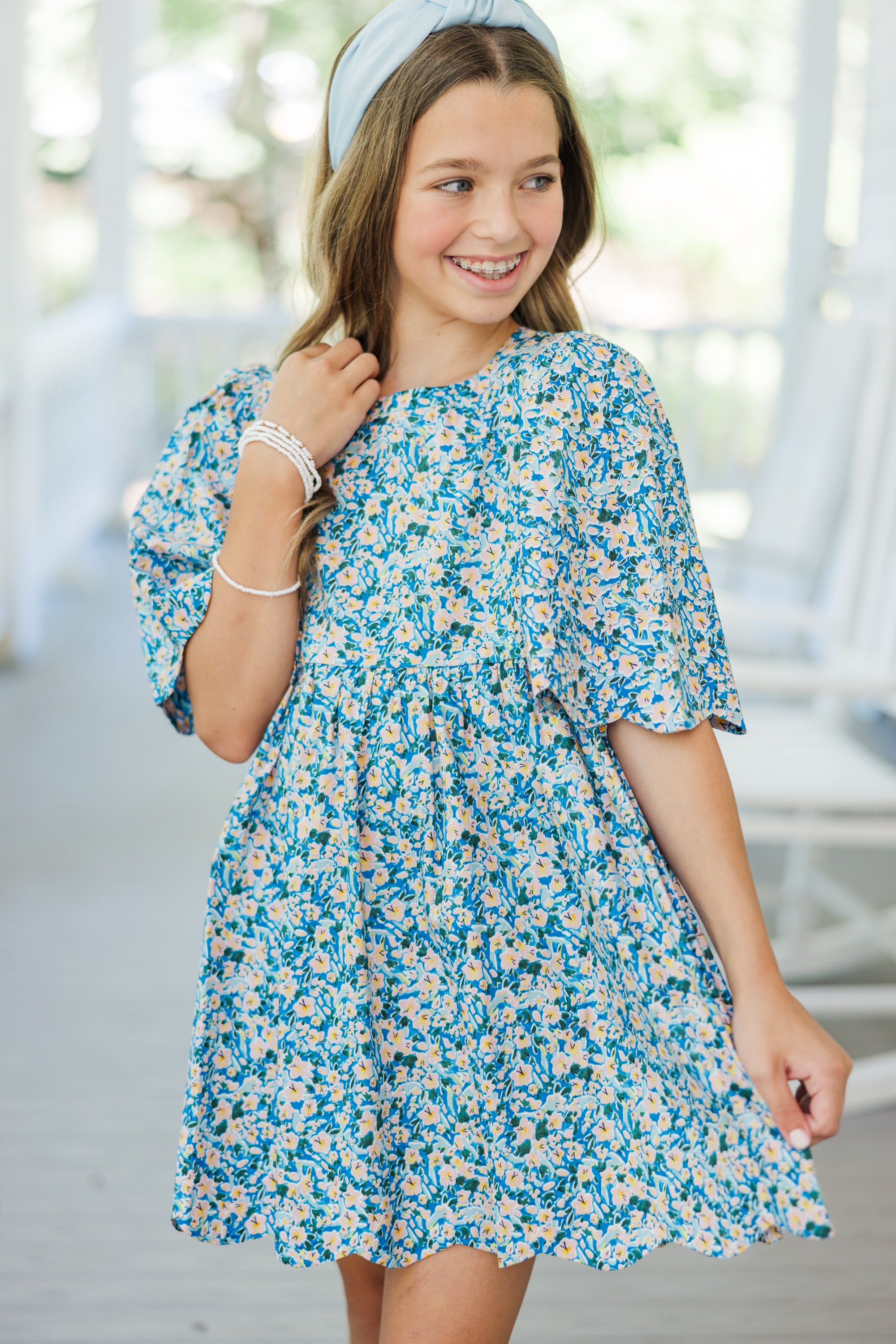 Adorable Girls' Blue Ditsy Floral Scalloped Dress - Right On Time for Special Occasions