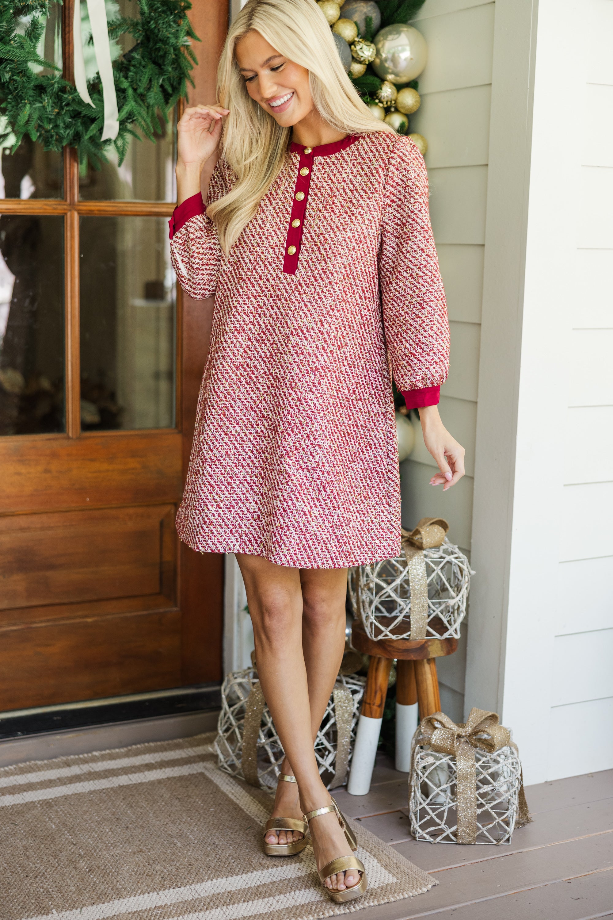 Royal Burgundy Red Tweed Dress - Feel Like a Queen!