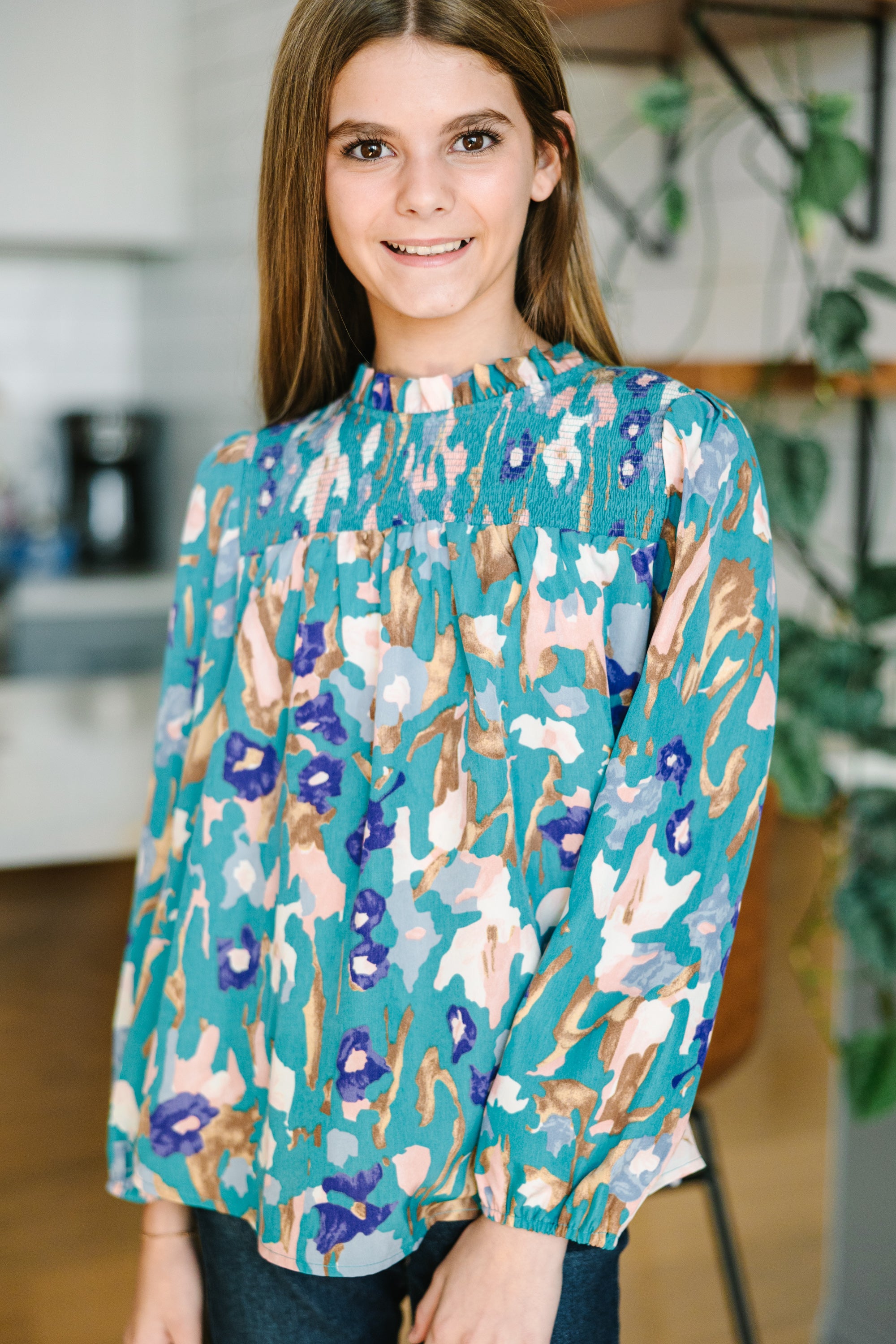 Elevate Your Style! Girls' Teal Blue Floral Blouse