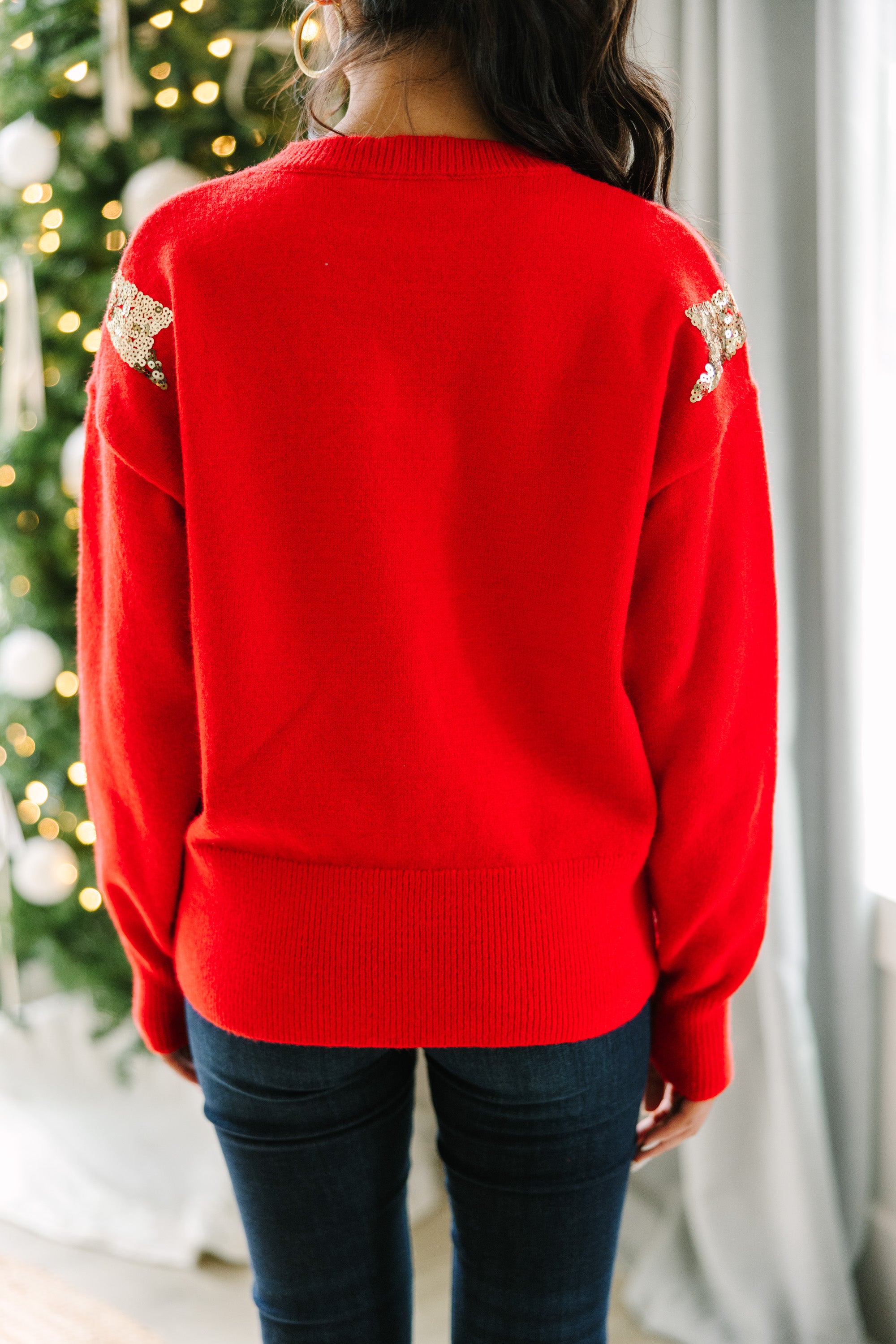 Glamorous Red Sequin Bow Sweater - Feel Like a Holiday Star!