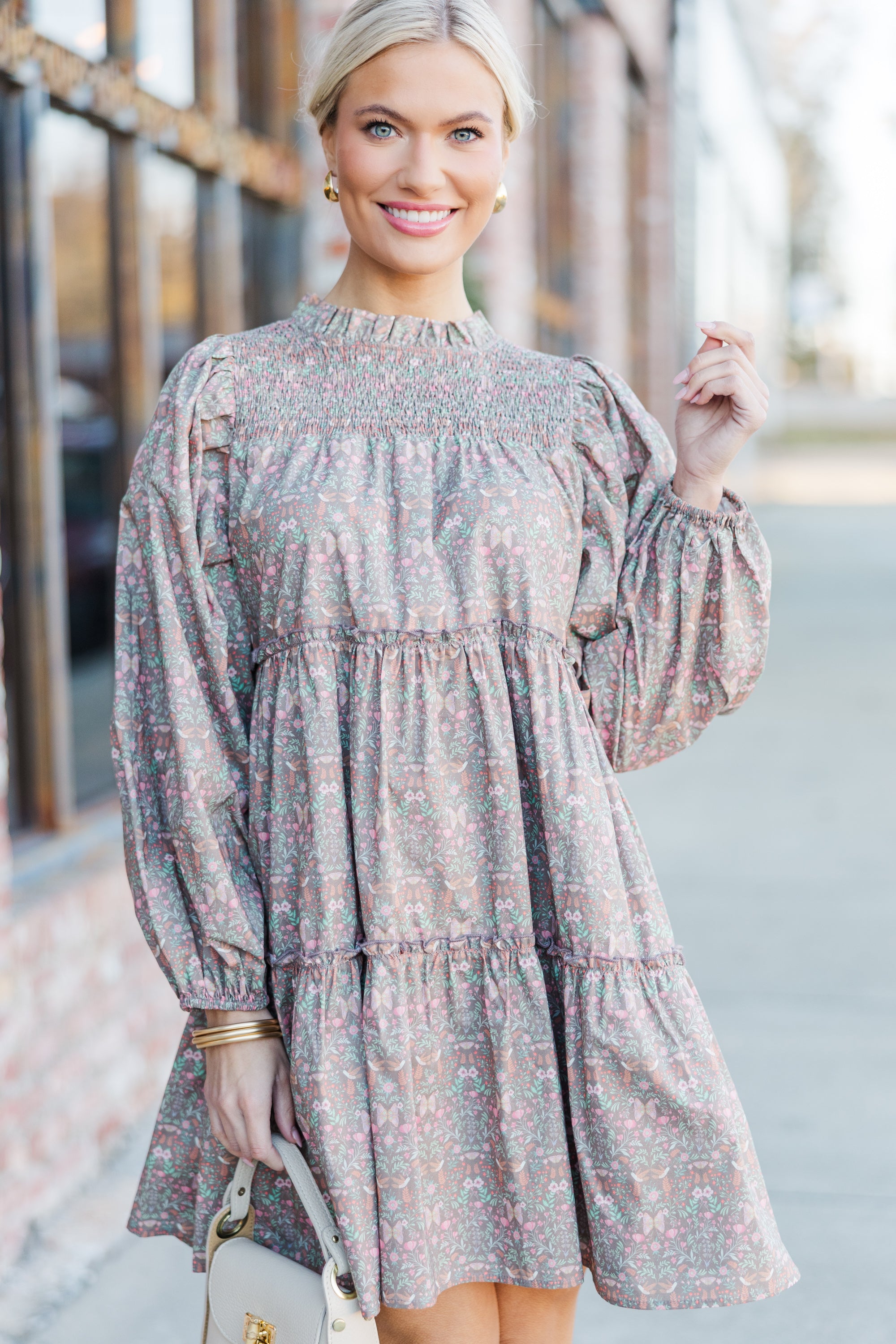 Gorgeous Muted Brown Floral Babydoll Dress - Be Your Best!