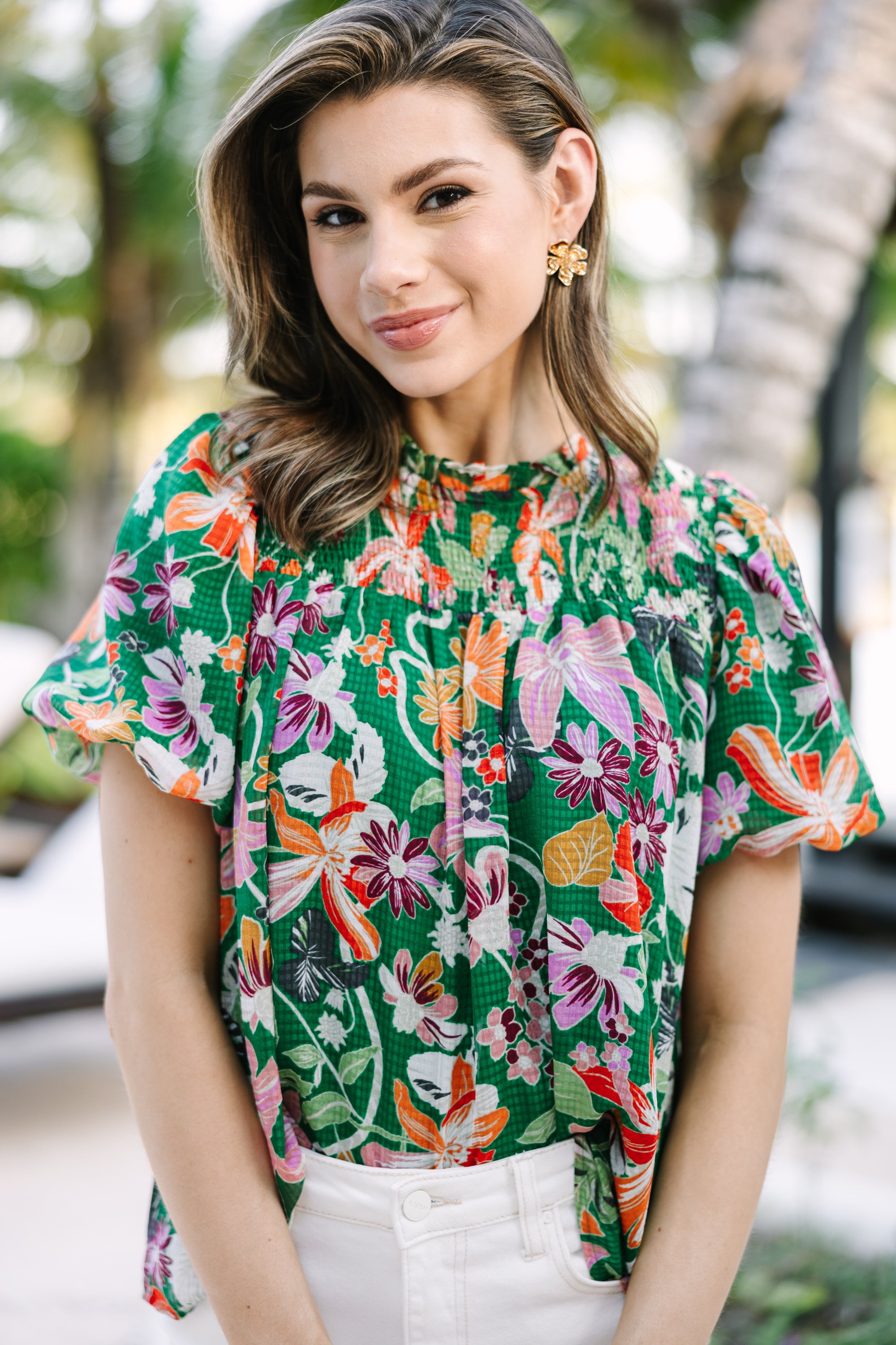 Exquisite All - In - The - Plans Tropical Green Floral Blouse