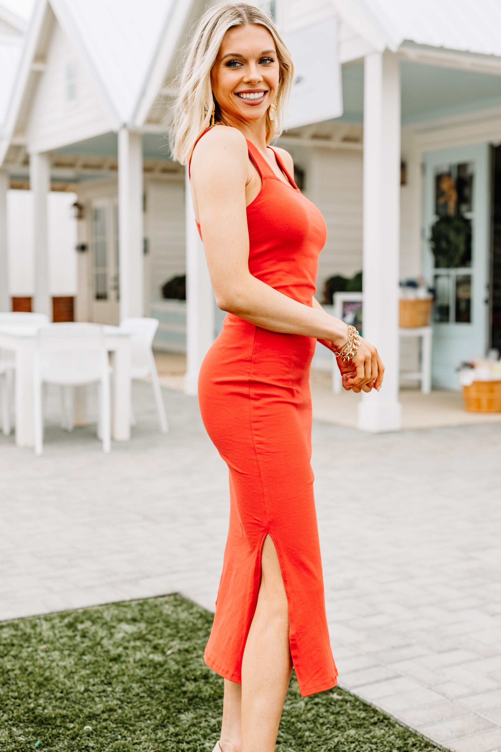 Irresistible Red Orange Midi Dress - Come Back for More!