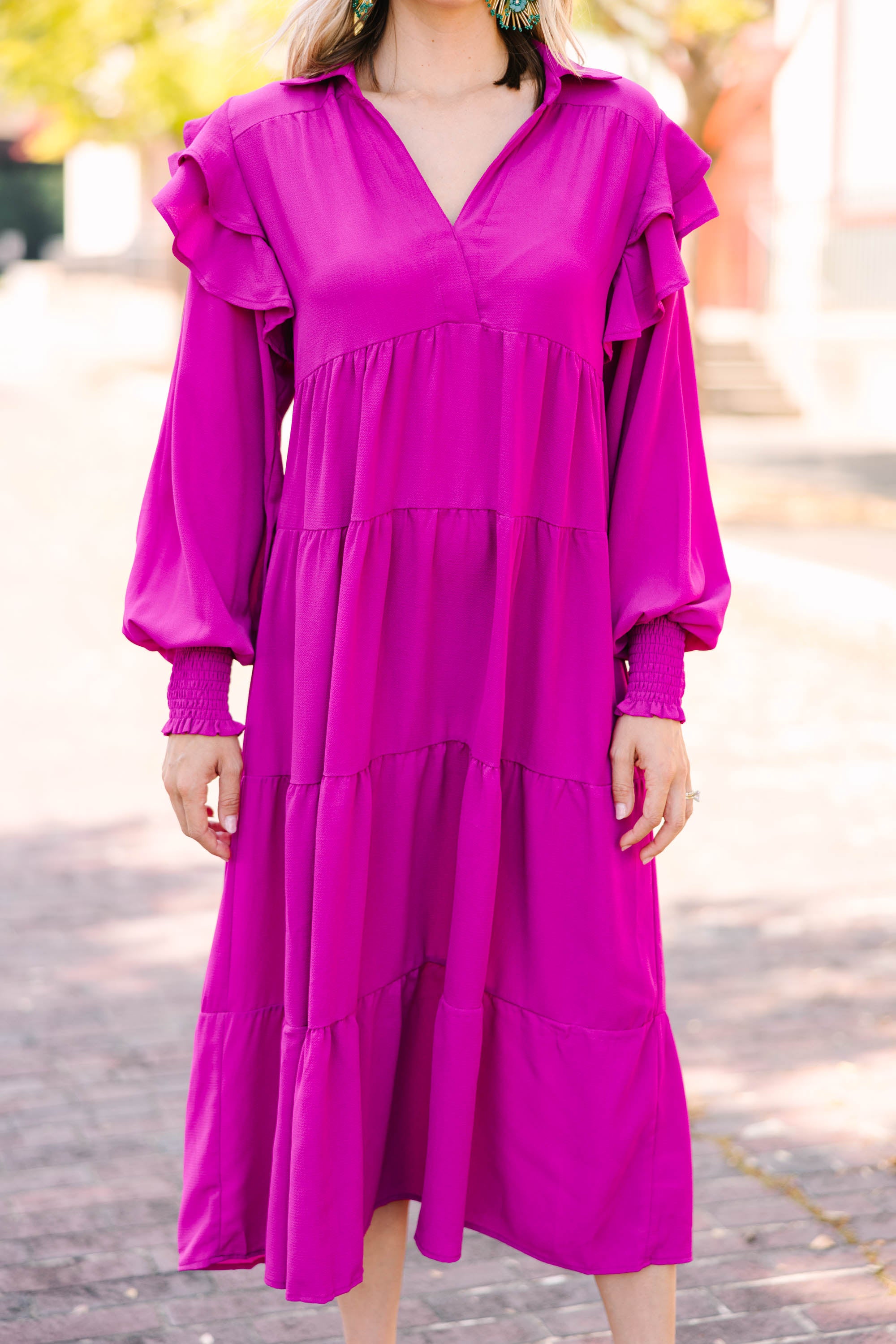 Gorgeous Magenta Purple Ruffled Midi Dress - Feel the Fun!
