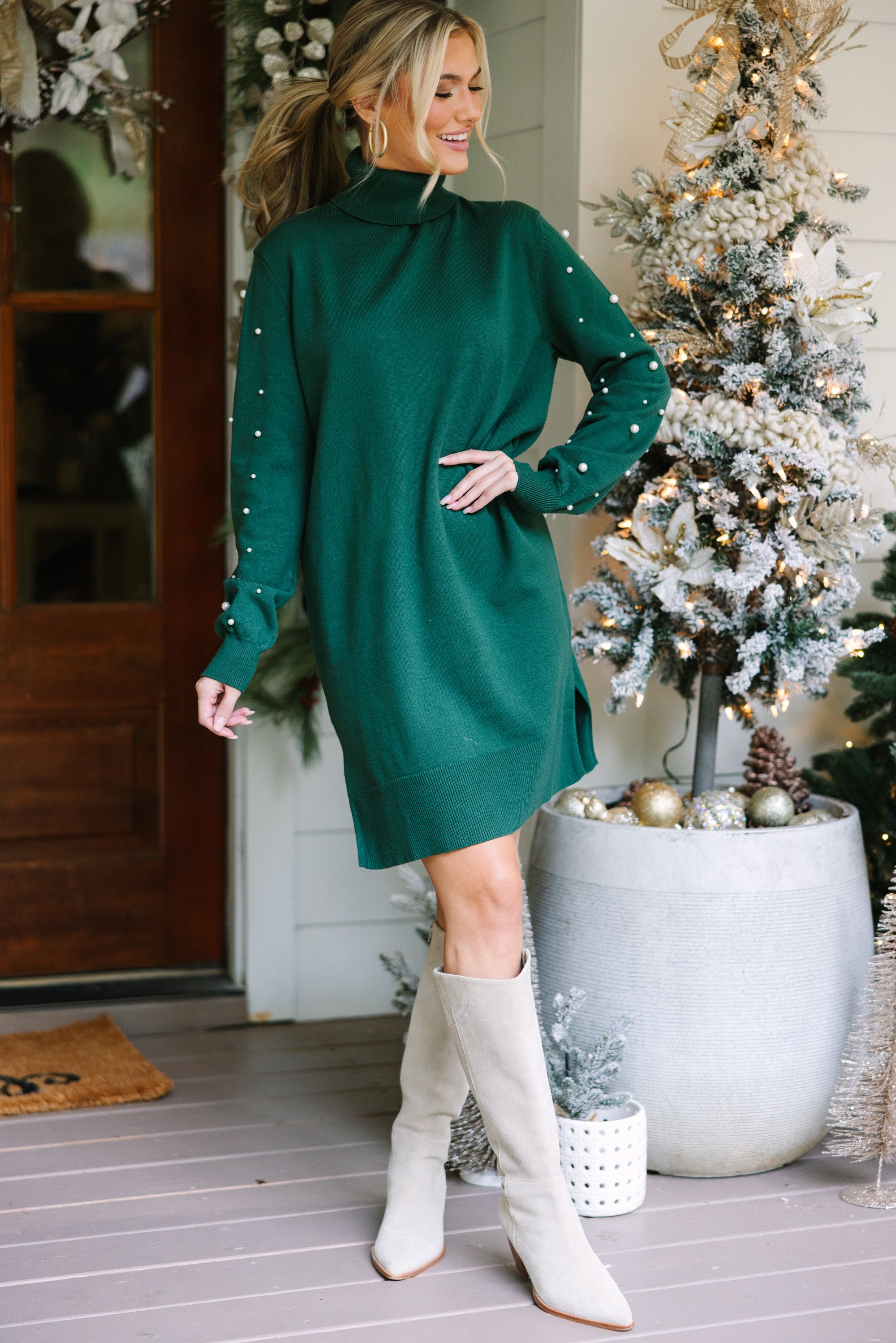 Fall in Love with Our Emerald Green Pearl-Embellished Sweater Dress