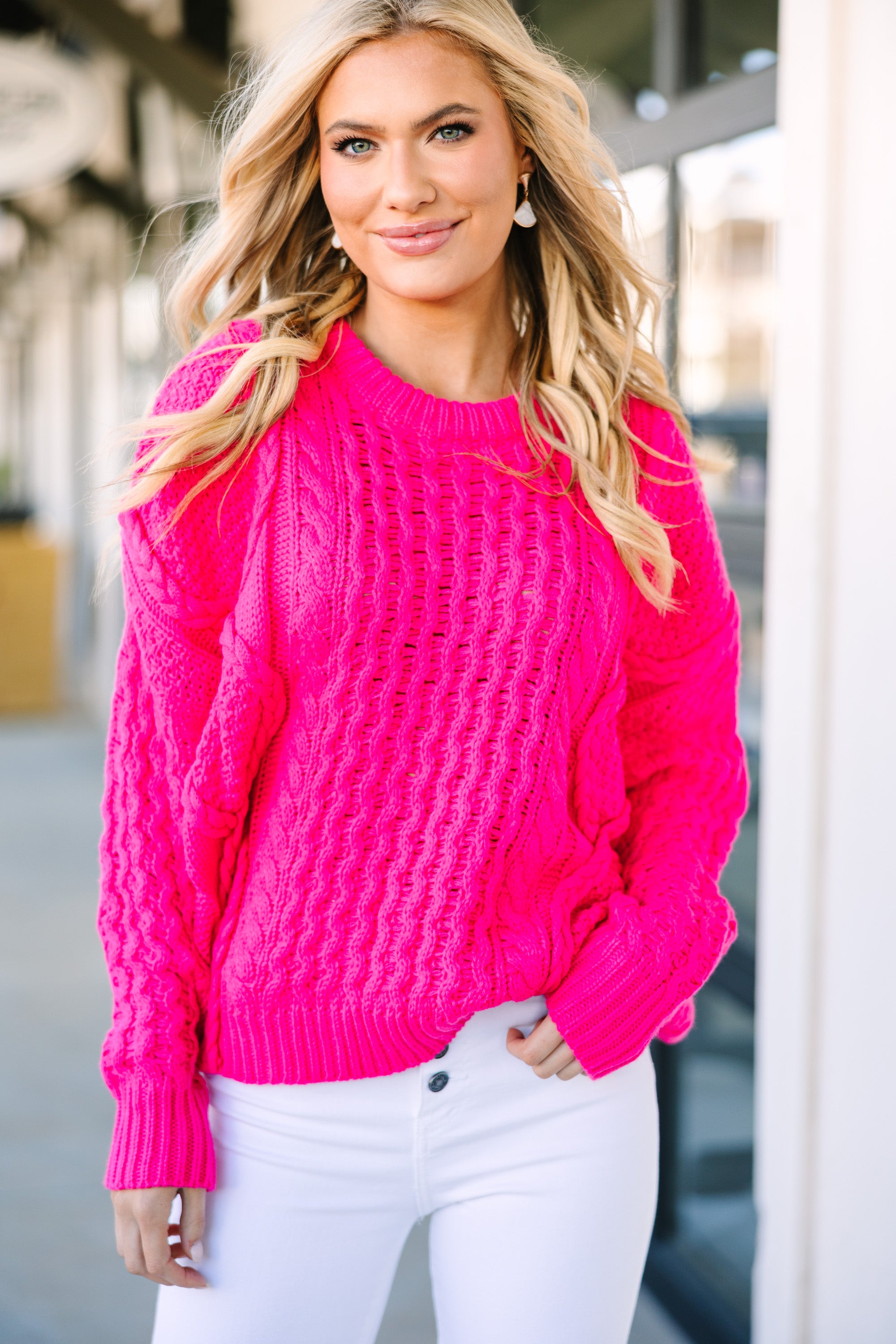 Unleash Your Best with Electric Pink Cable Knit Sweater