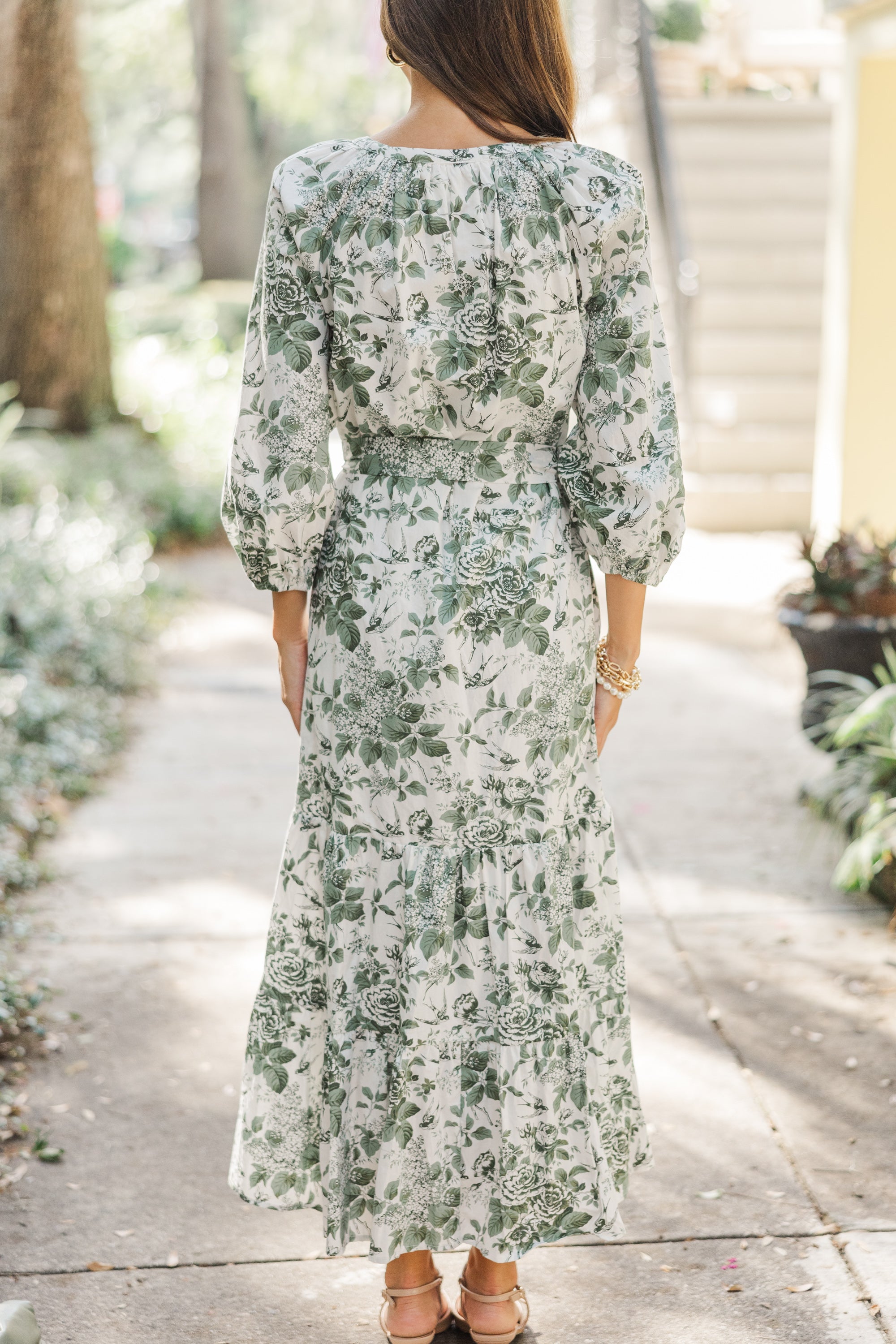Fabulous Olive Green Toile Midi Dress - Make a Statement!