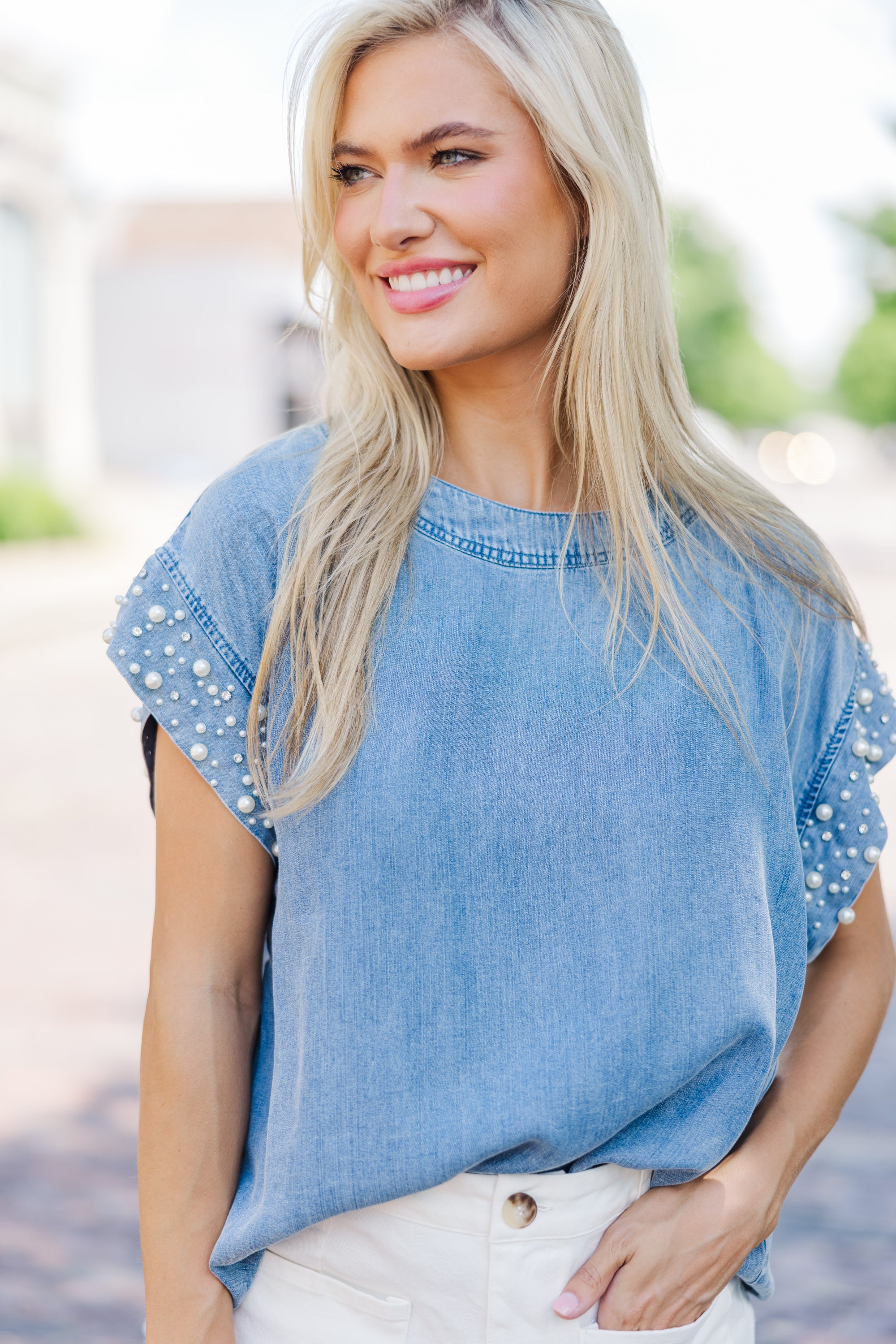 Stunning Be Bold Denim Embellished Blouse - A Must-Have!