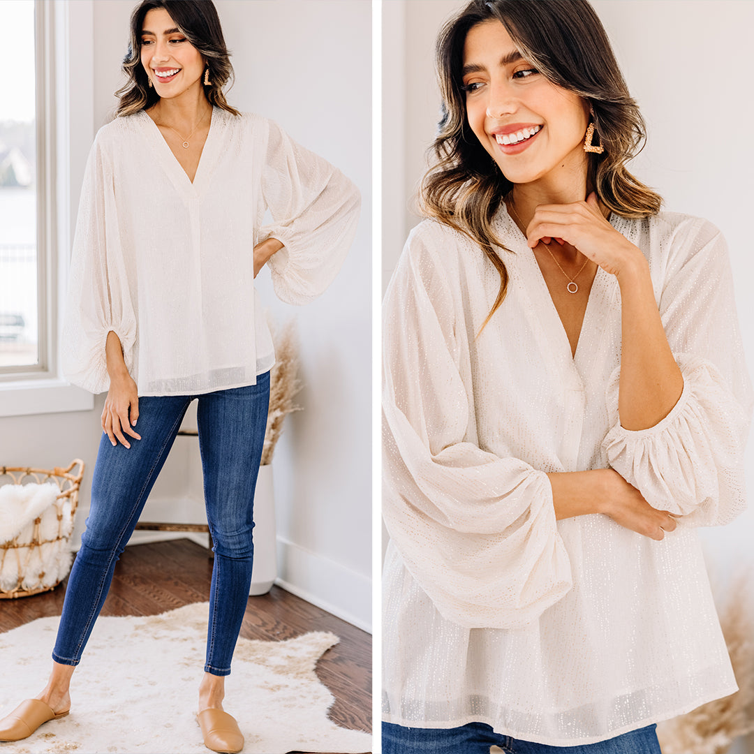 Confidently Stylish Ivory White Bubble Sleeve Blouse