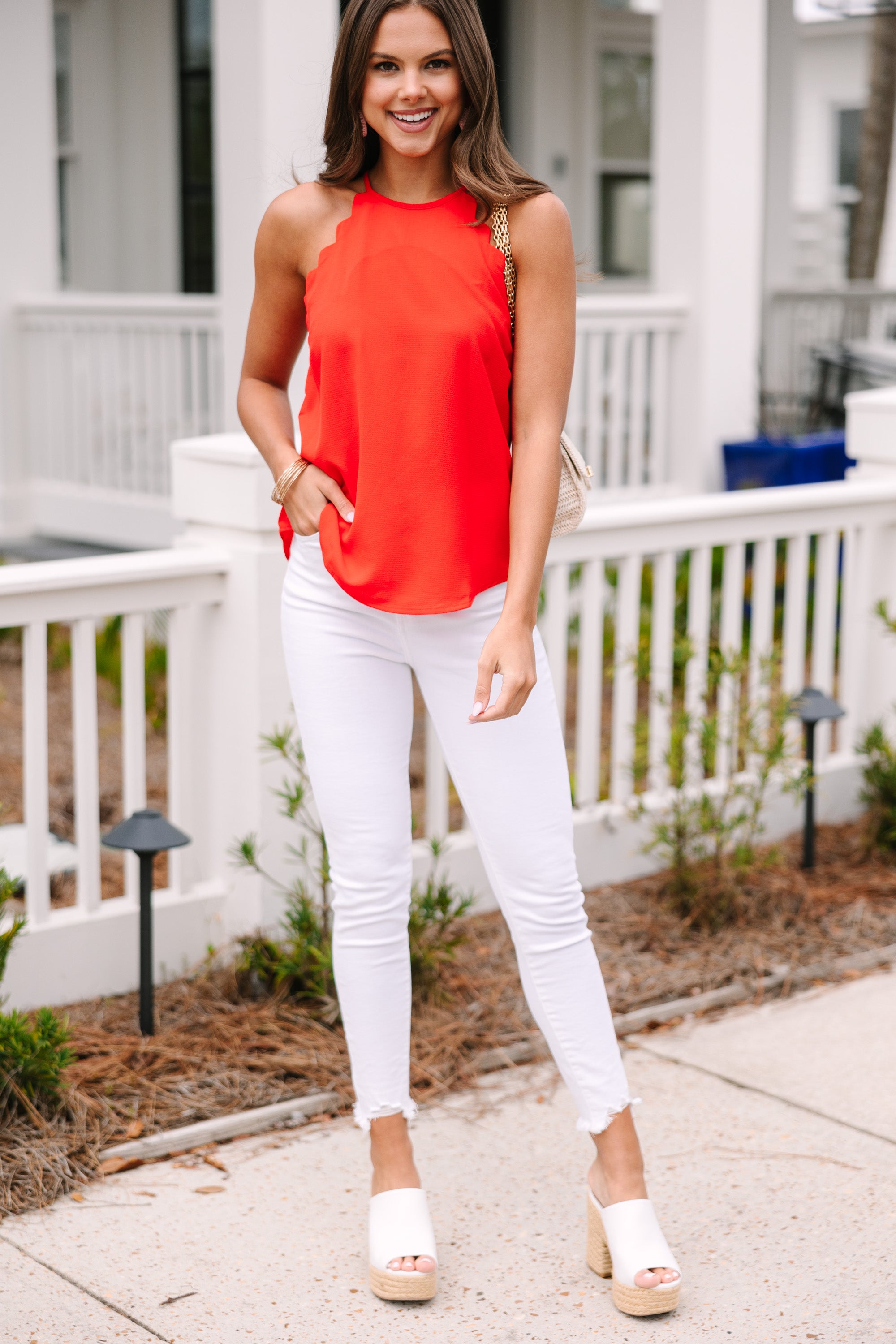 Eye-Catching Red Orange Scalloped Halter Tank