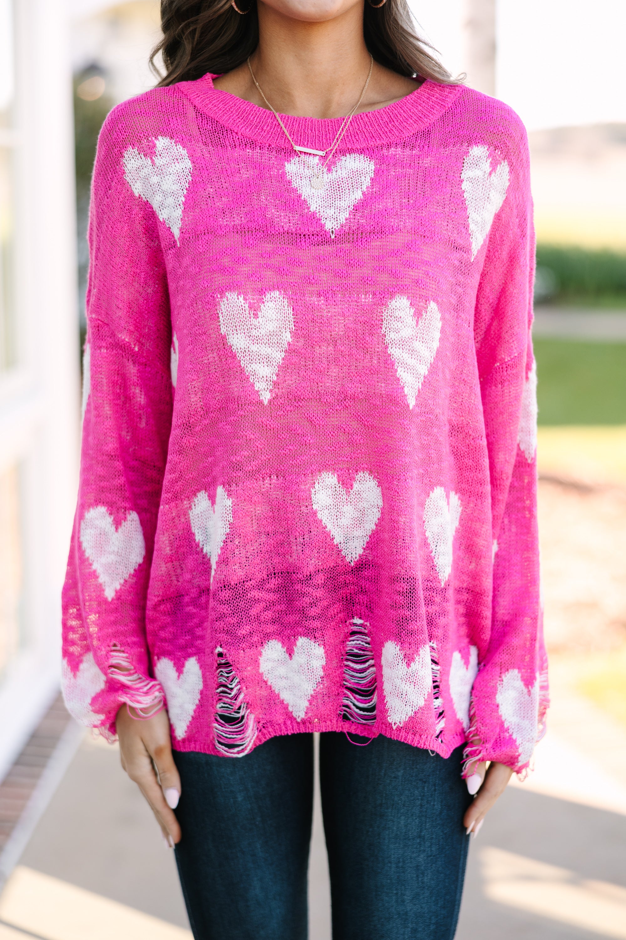 Royal Fuchsia Pink Heart-Print Sweater: Feel Like a Queen!
