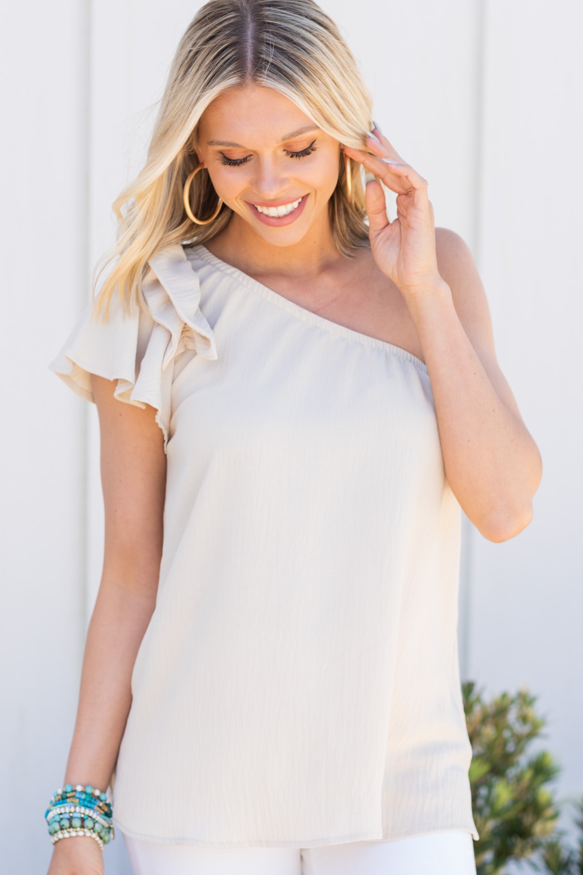 Enchanting Poetic Natural White One Shoulder Blouse