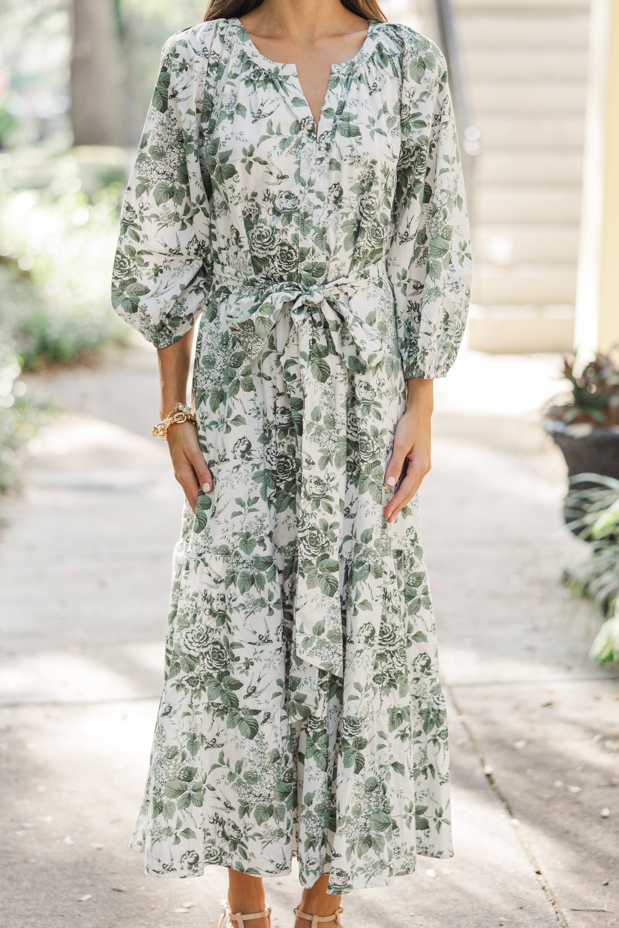 Fabulous Olive Green Toile Midi Dress - Make a Statement!