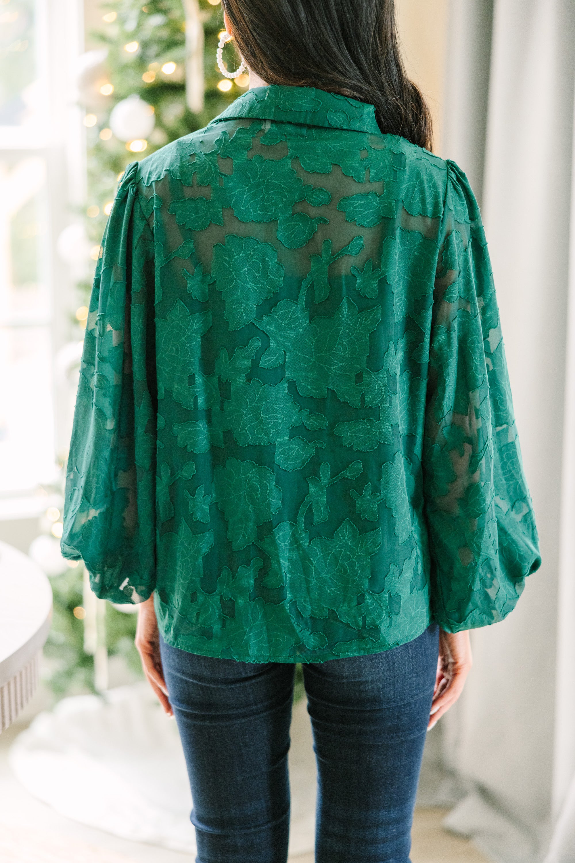 Gorgeous Emerald Green Textured Floral Blouse: All Details Included!