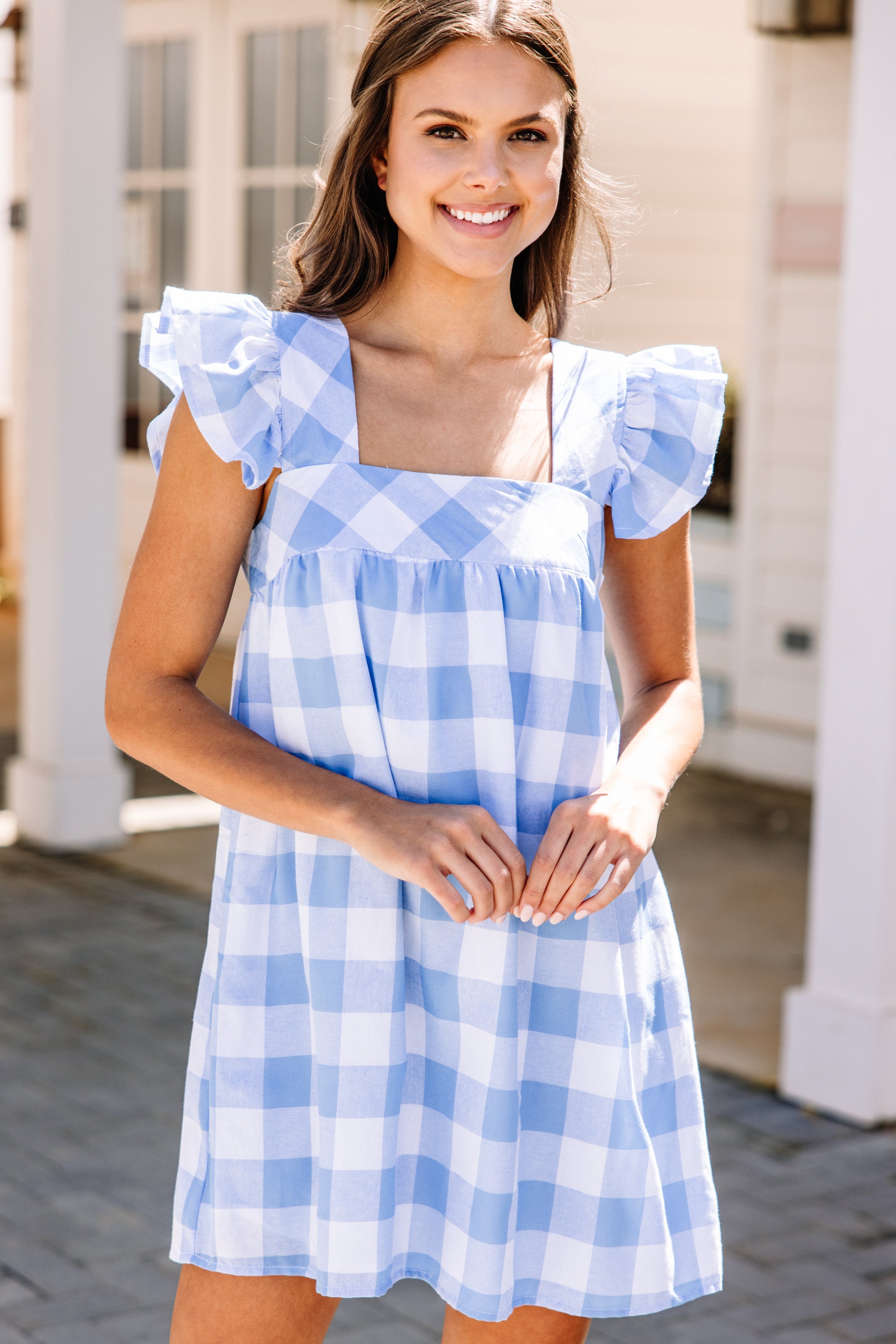 Charming Happy To Help Blue Gingham Babydoll Dress