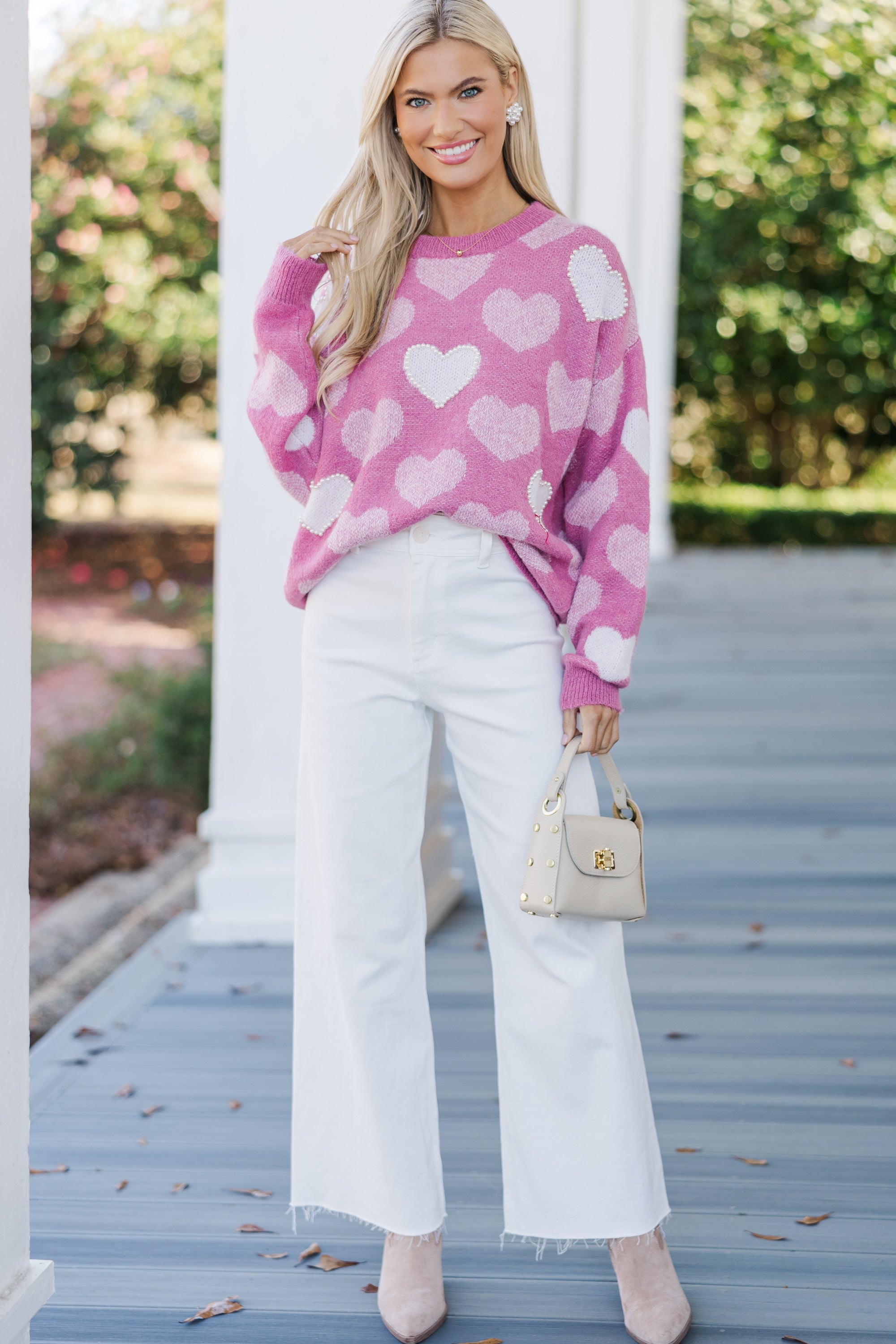 Love - Filled Pink Heart Pearl - Adorned Sweater